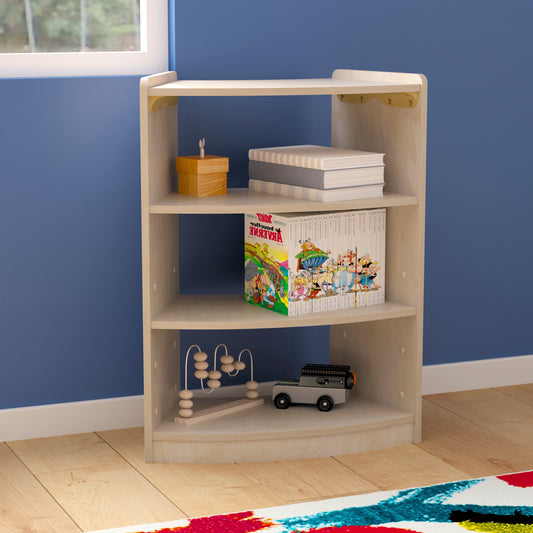 Bright Beginnings Commercial Grade Bow Front 3 Tier Wooden Classroom Open Corner Storage Unit, Safe, Kid Friendly Design, Natural Beech
