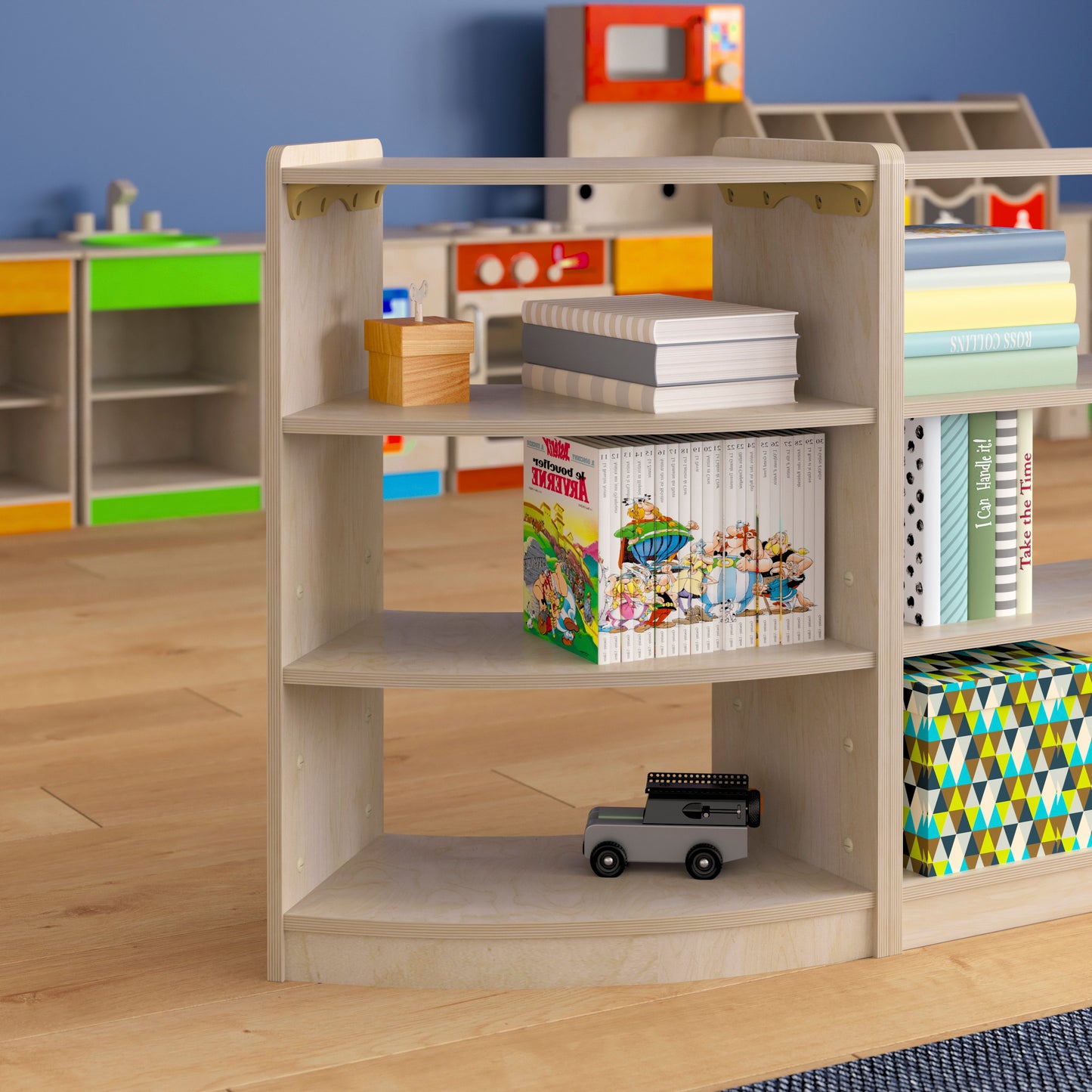 Bright Beginnings Commercial Grade Bow Front 3 Tier Wooden Classroom Open Corner Storage Unit, Safe, Kid Friendly Design, Natural Beech MK-KE24077-GG