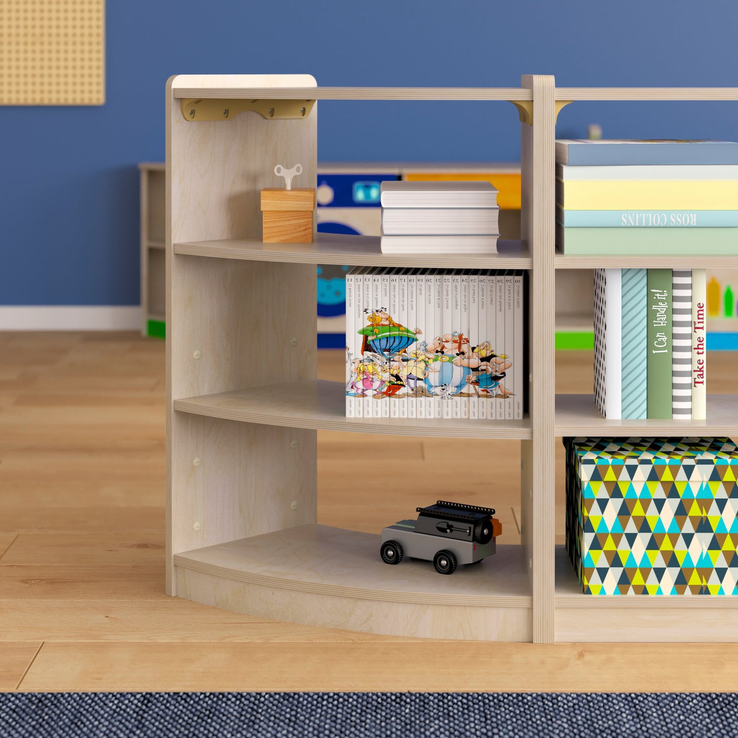 Bright Beginnings Commercial Grade Bow Front 3 Tier Wooden Classroom Open Corner Storage Unit, Safe, Kid Friendly Design, Natural Beech MK-KE24077-GG
