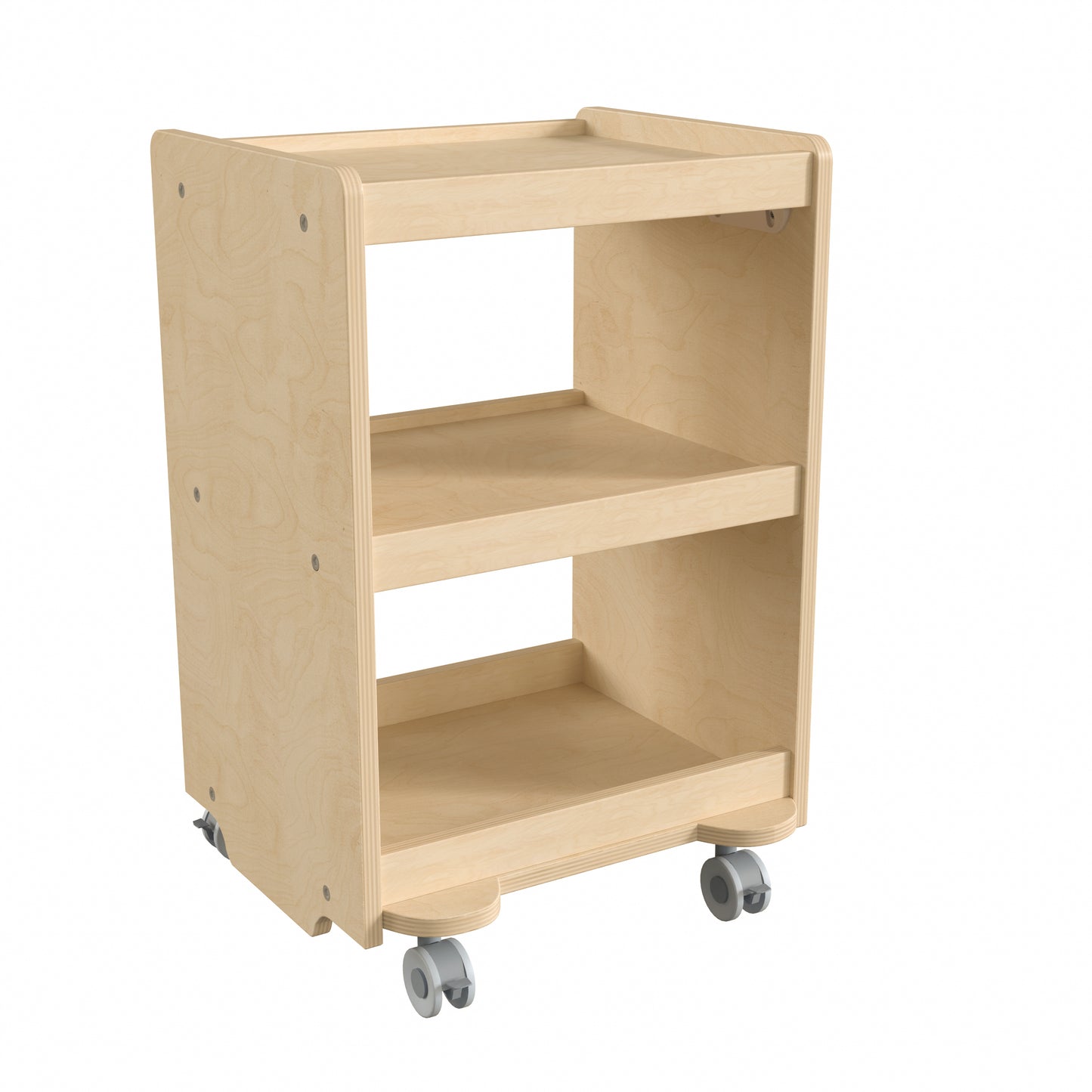 Bright Beginnings Commercial Wooden Mobile Storage Cart with 3 Storage Tiers and Locking Caster Wheels, Natural Beech