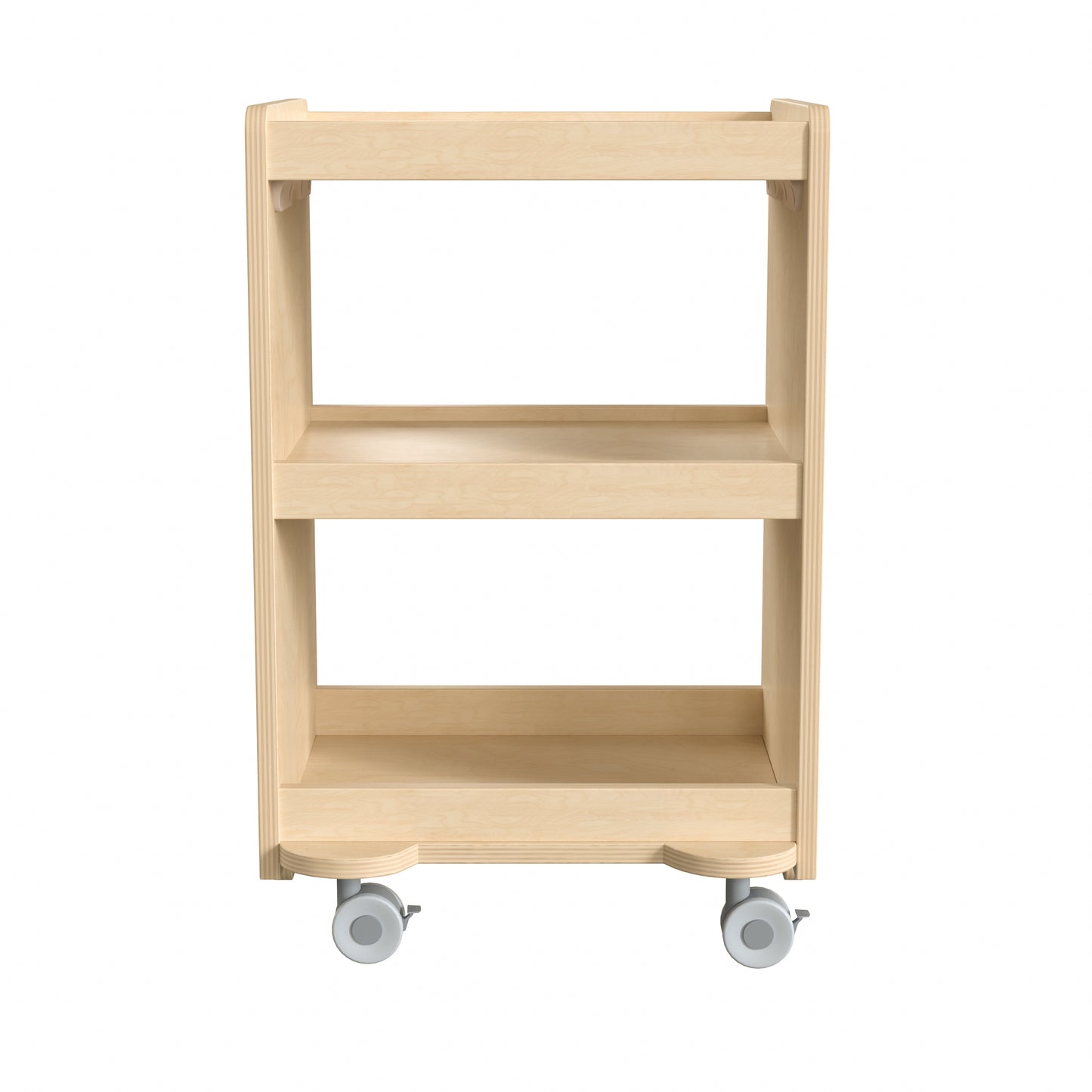 Bright Beginnings Commercial Wooden Mobile Storage Cart with 3 Storage Tiers and Locking Caster Wheels, Natural Beech