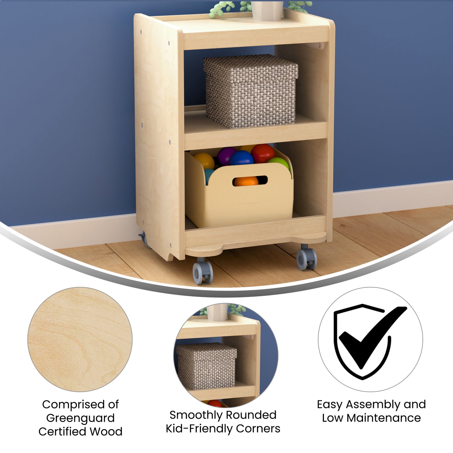 Bright Beginnings Commercial Wooden Mobile Storage Cart with 3 Storage Tiers and Locking Caster Wheels, Natural Beech
