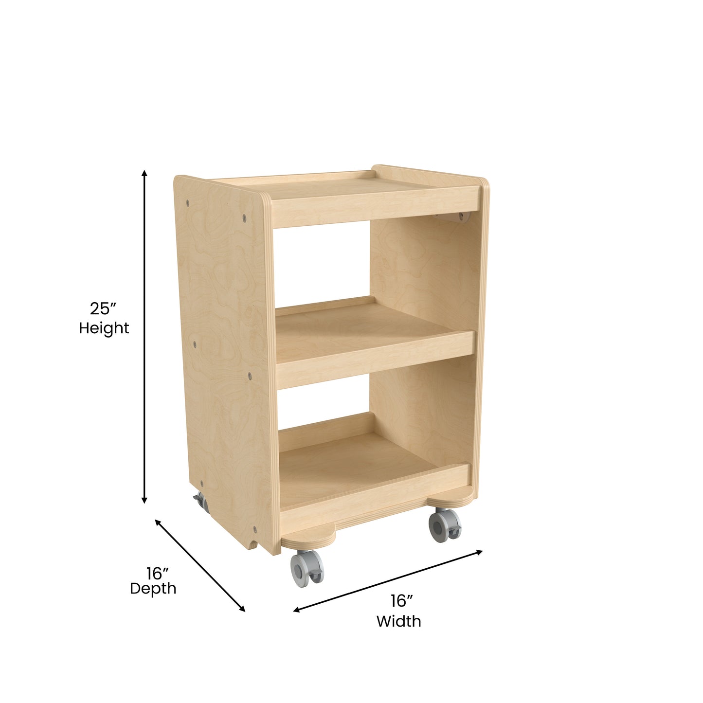 Bright Beginnings Commercial Wooden Mobile Storage Cart with 3 Storage Tiers and Locking Caster Wheels, Natural Beech