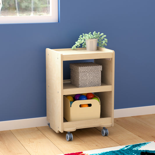 Bright Beginnings Commercial Wooden Mobile Storage Cart with 3 Storage Tiers and Locking Caster Wheels, Natural Beech