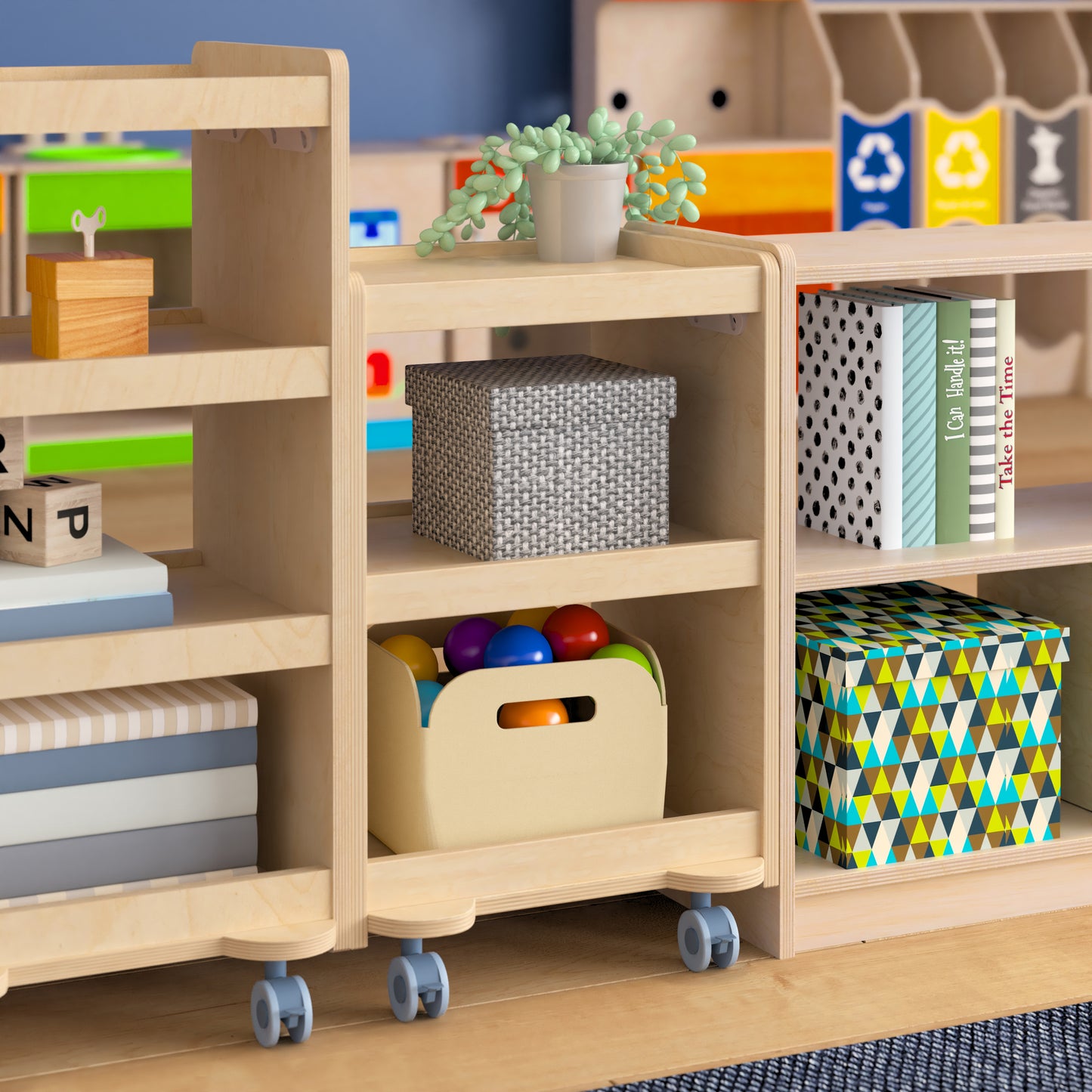 Bright Beginnings Commercial Wooden Mobile Storage Cart with 3 Storage Tiers and Locking Caster Wheels, Natural Beech