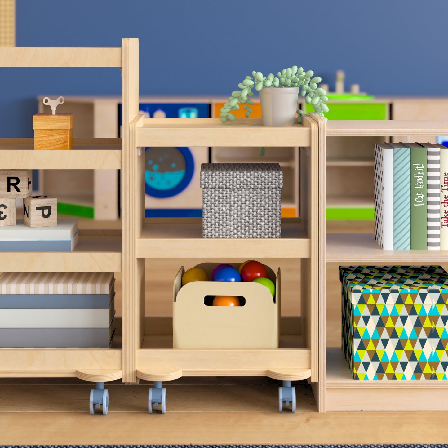 Bright Beginnings Commercial Wooden Mobile Storage Cart with 3 Storage Tiers and Locking Caster Wheels, Natural Beech