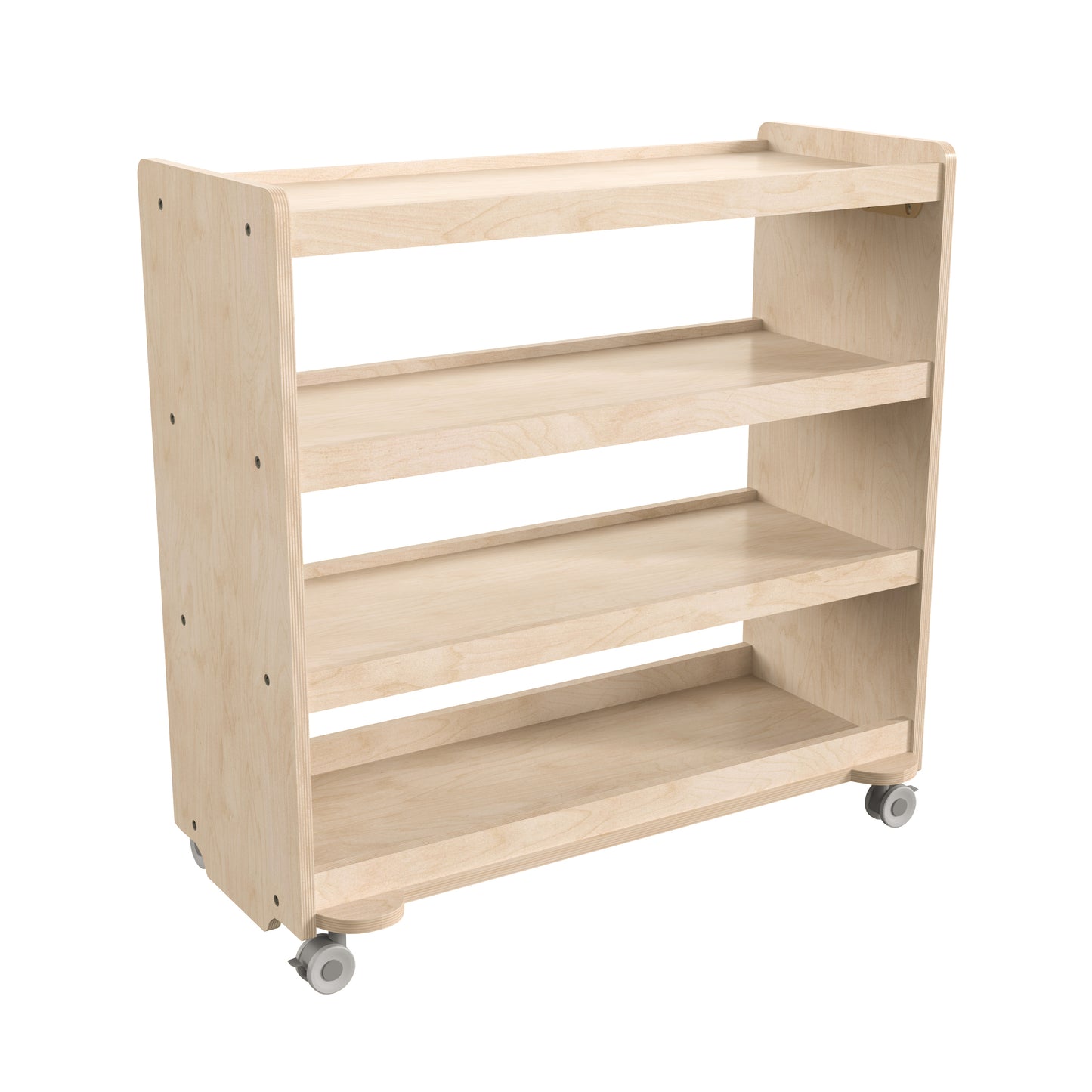 Bright Beginnings Commercial Grade Space Saving 4 Shelf Wooden Mobile Classroom Storage Cart with Locking Caster Wheels, Kid Friendly Design, Natural Beech