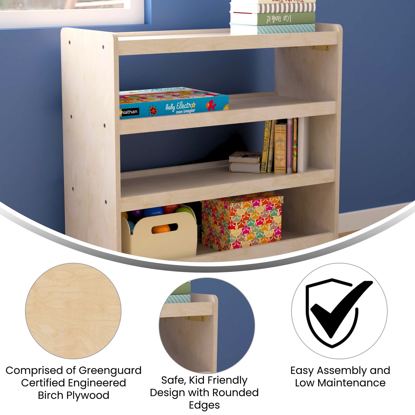 Bright Beginnings Commercial Grade Space Saving 4 Shelf Wooden Mobile Classroom Storage Cart with Locking Caster Wheels, Kid Friendly Design, Natural Beech