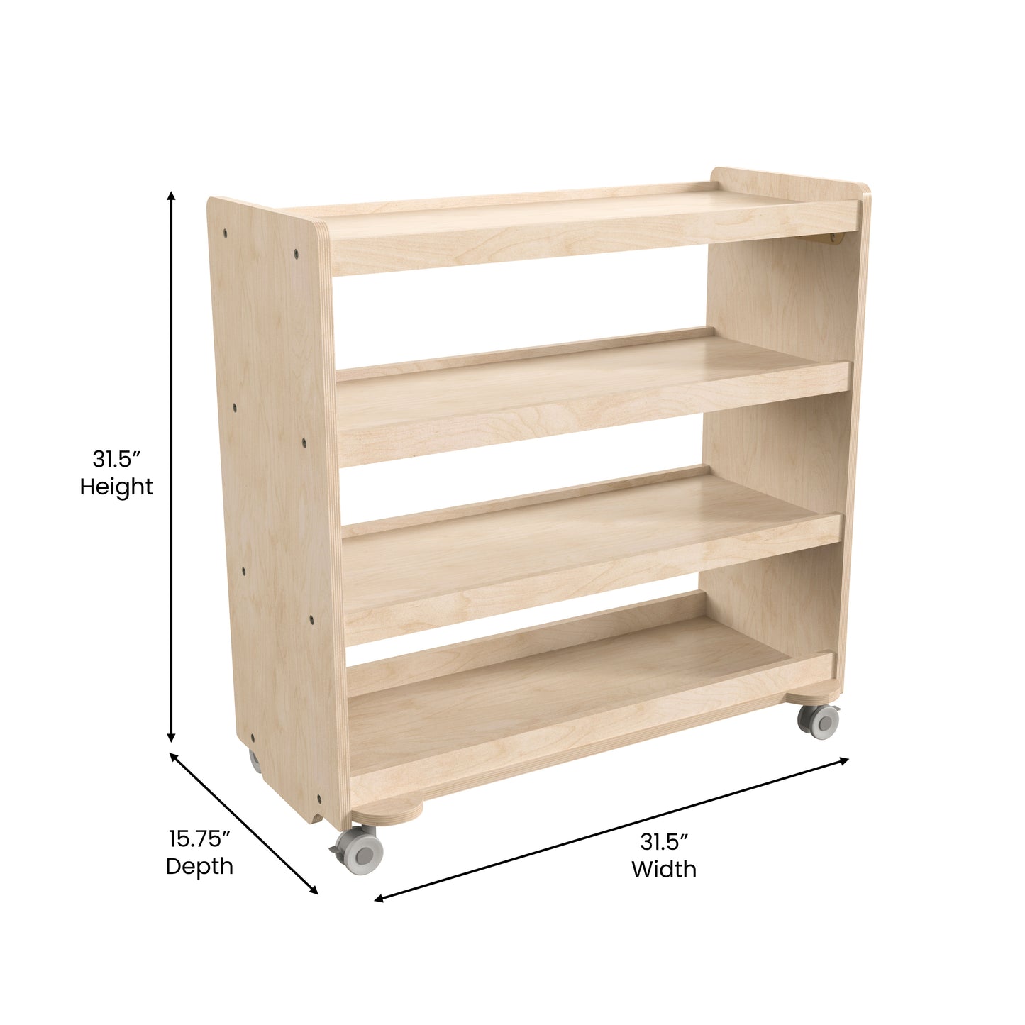Bright Beginnings Commercial Grade Space Saving 4 Shelf Wooden Mobile Classroom Storage Cart with Locking Caster Wheels, Kid Friendly Design, Natural Beech