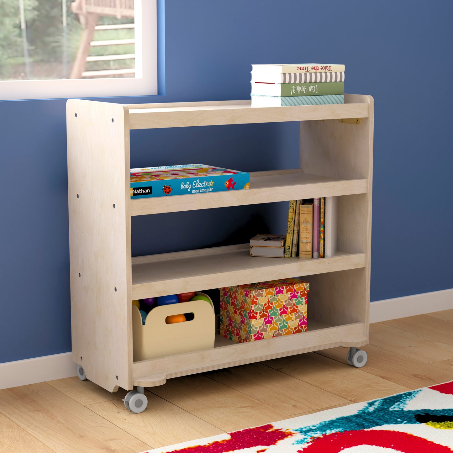 Bright Beginnings Commercial Grade Space Saving 4 Shelf Wooden Mobile Classroom Storage Cart with Locking Caster Wheels, Kid Friendly Design, Natural Beech
