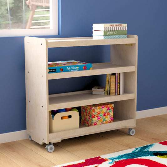 Bright Beginnings Commercial Grade Space Saving 4 Shelf Wooden Mobile Classroom Storage Cart with Locking Caster Wheels, Kid Friendly Design, Natural Beech