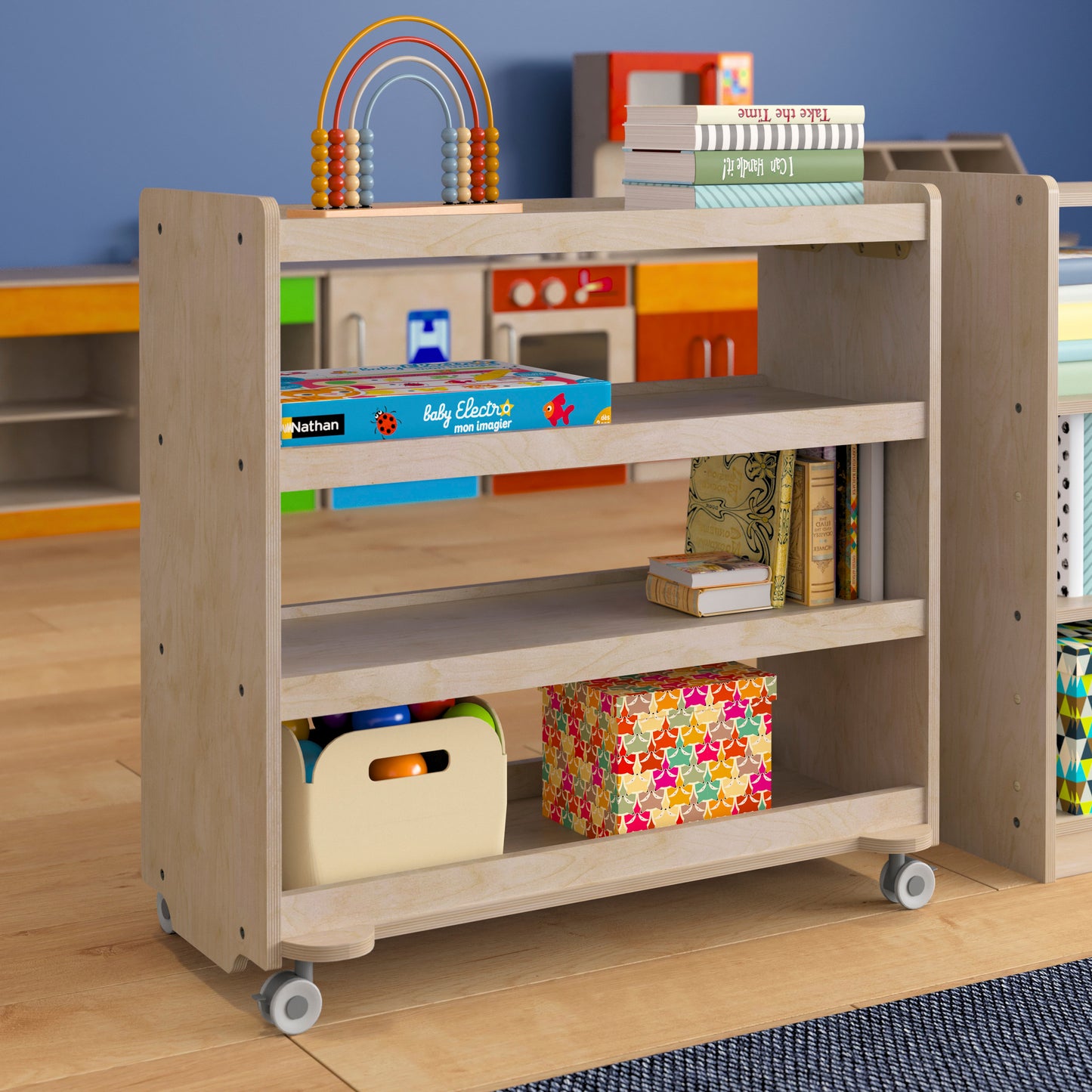 Bright Beginnings Commercial Grade Space Saving 4 Shelf Wooden Mobile Classroom Storage Cart with Locking Caster Wheels, Kid Friendly Design, Natural Beech