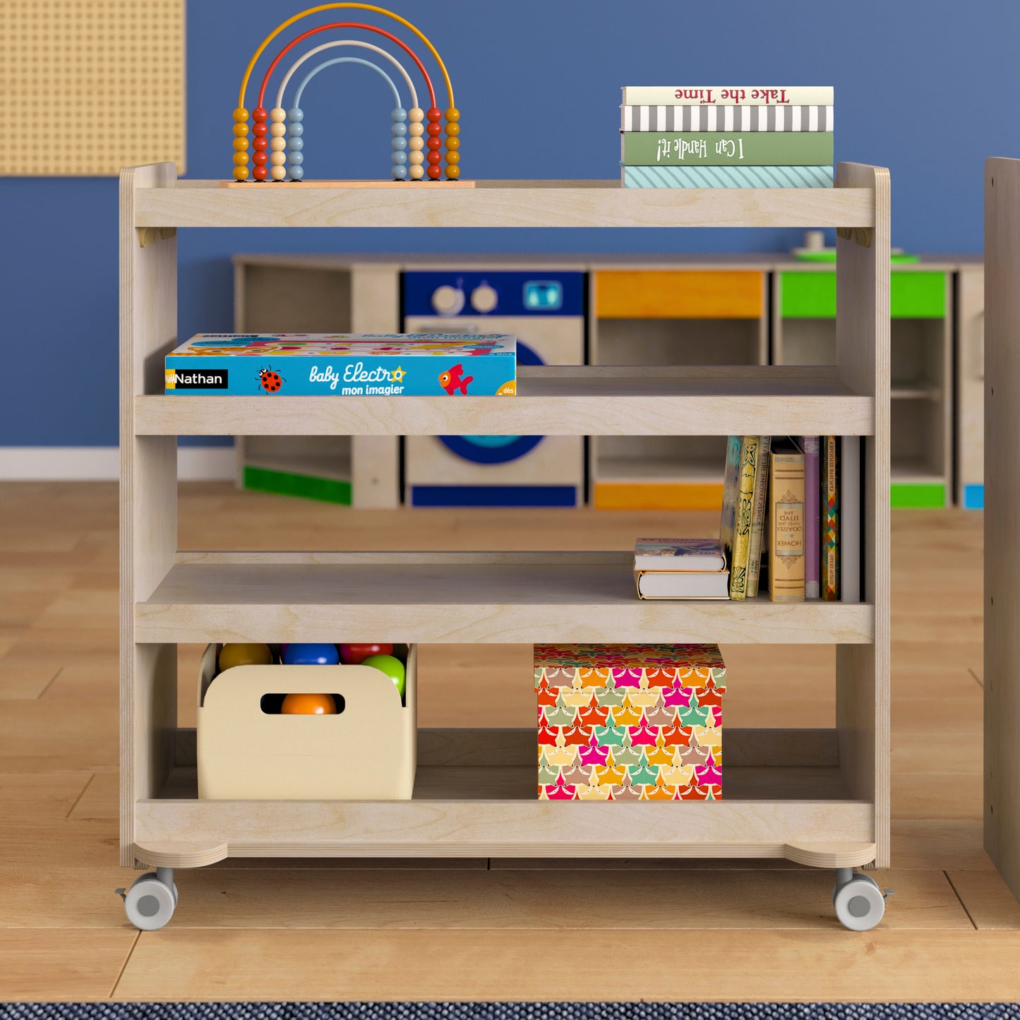 Bright Beginnings Commercial Grade Space Saving 4 Shelf Wooden Mobile Classroom Storage Cart with Locking Caster Wheels, Kid Friendly Design, Natural Beech