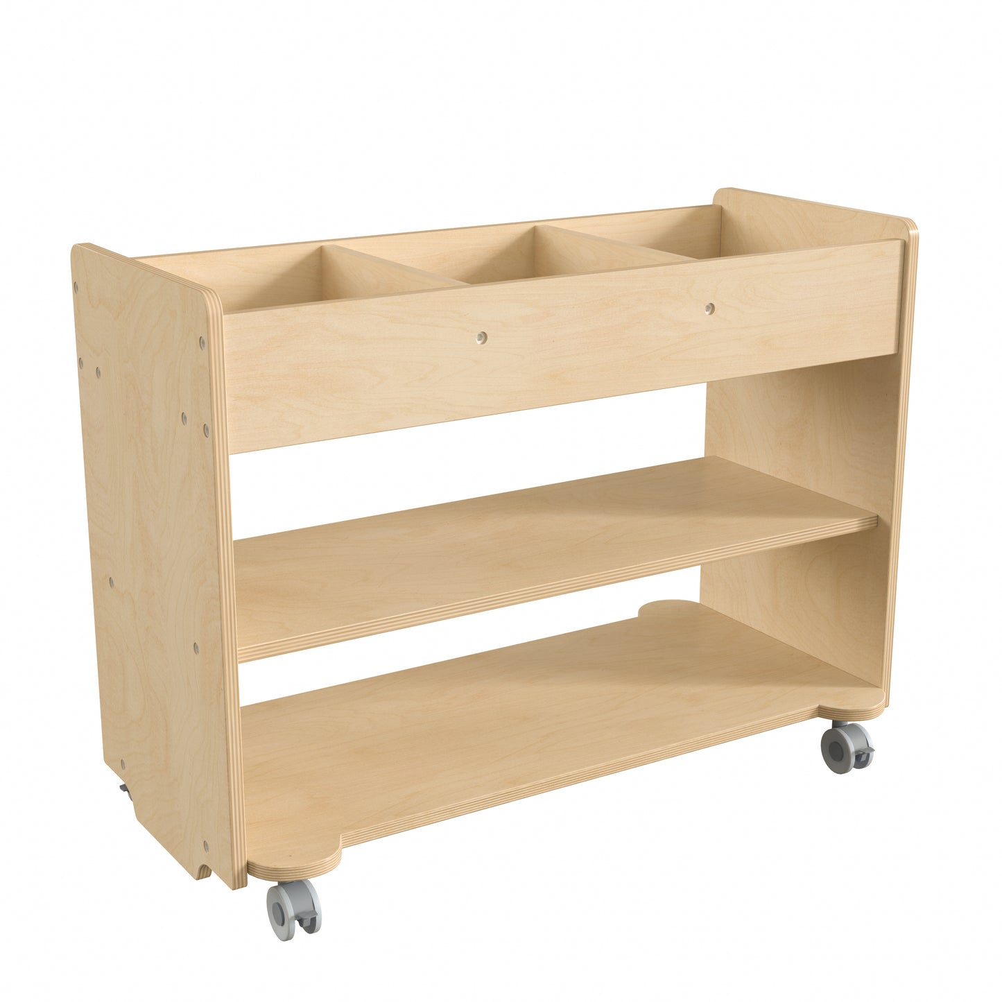 Bright Beginnings Commercial Wooden Mobile Storage Cart with 3 Top Storage Cubbies, 2 Lower Shelves and Locking Caster Wheels, Natural Beech