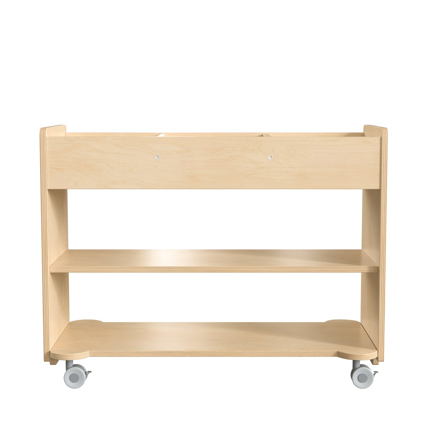 Bright Beginnings Commercial Wooden Mobile Storage Cart with 3 Top Storage Cubbies, 2 Lower Shelves and Locking Caster Wheels, Natural Beech