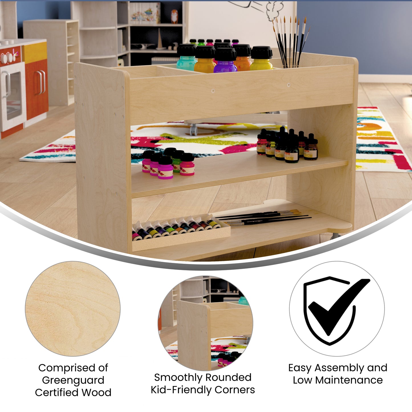 Bright Beginnings Commercial Wooden Mobile Storage Cart with 3 Top Storage Cubbies, 2 Lower Shelves and Locking Caster Wheels, Natural Beech