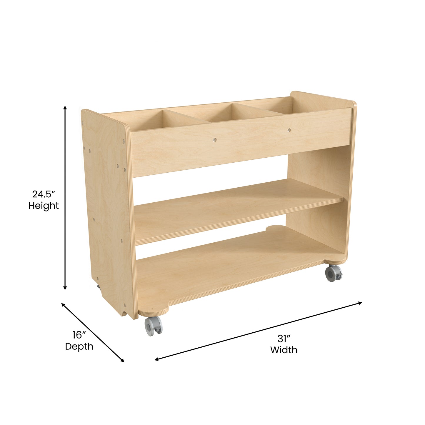 Bright Beginnings Commercial Wooden Mobile Storage Cart with 3 Top Storage Cubbies, 2 Lower Shelves and Locking Caster Wheels, Natural Beech
