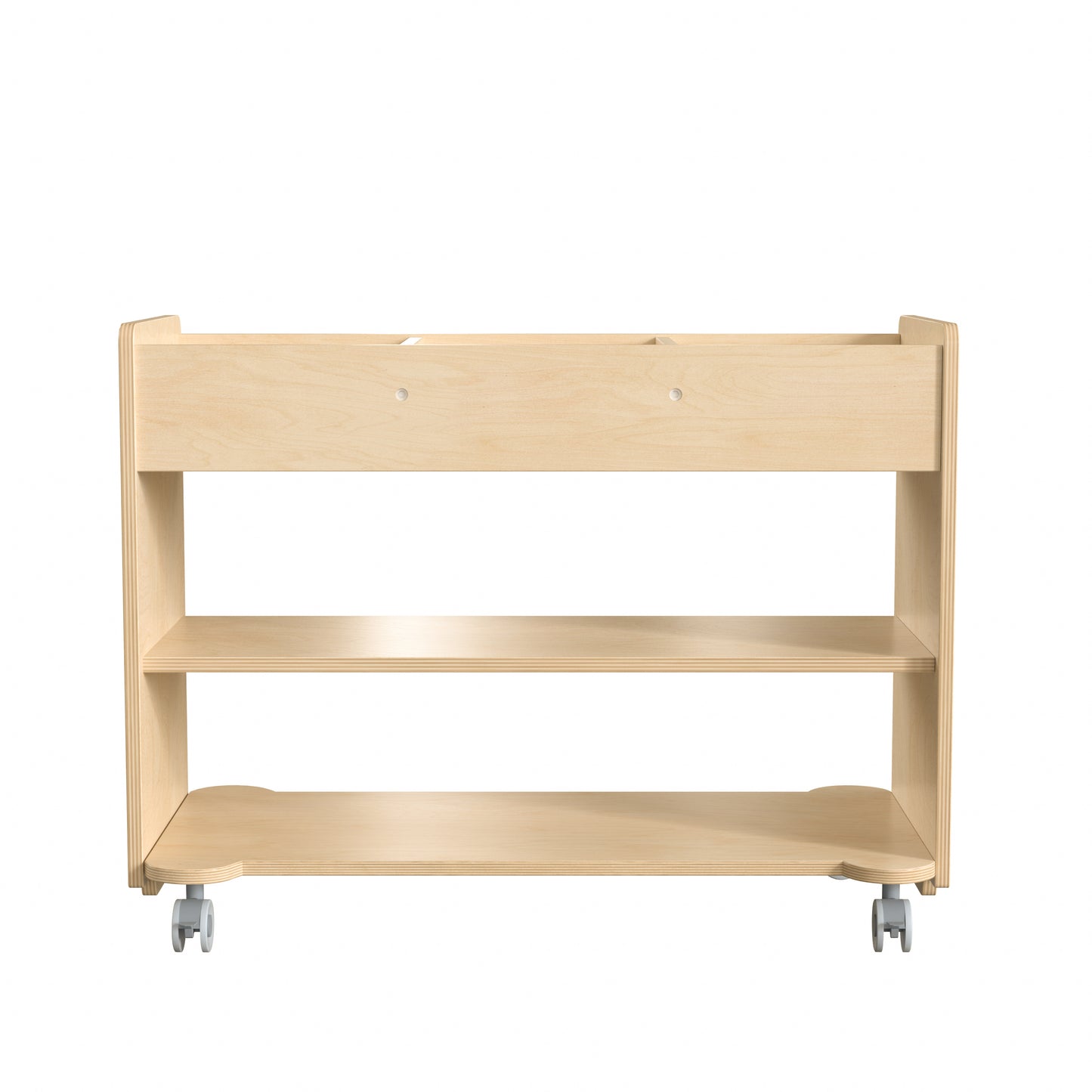 Bright Beginnings Commercial Wooden Mobile Storage Cart with 3 Top Storage Cubbies, 2 Lower Shelves and Locking Caster Wheels, Natural Beech