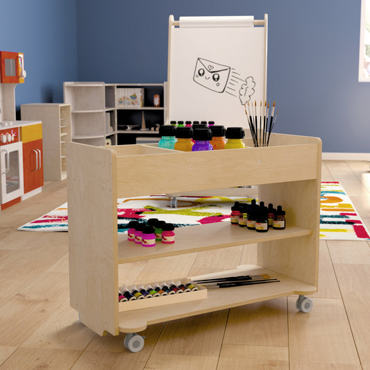 Bright Beginnings Commercial Wooden Mobile Storage Cart with 3 Top Storage Cubbies, 2 Lower Shelves and Locking Caster Wheels, Natural Beech