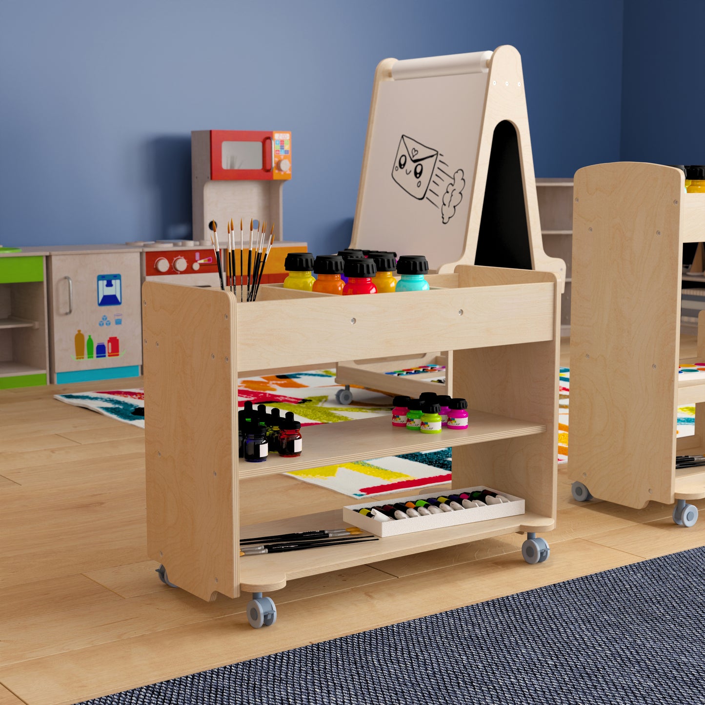 Bright Beginnings Commercial Wooden Mobile Storage Cart with 3 Top Storage Cubbies, 2 Lower Shelves and Locking Caster Wheels, Natural Beech