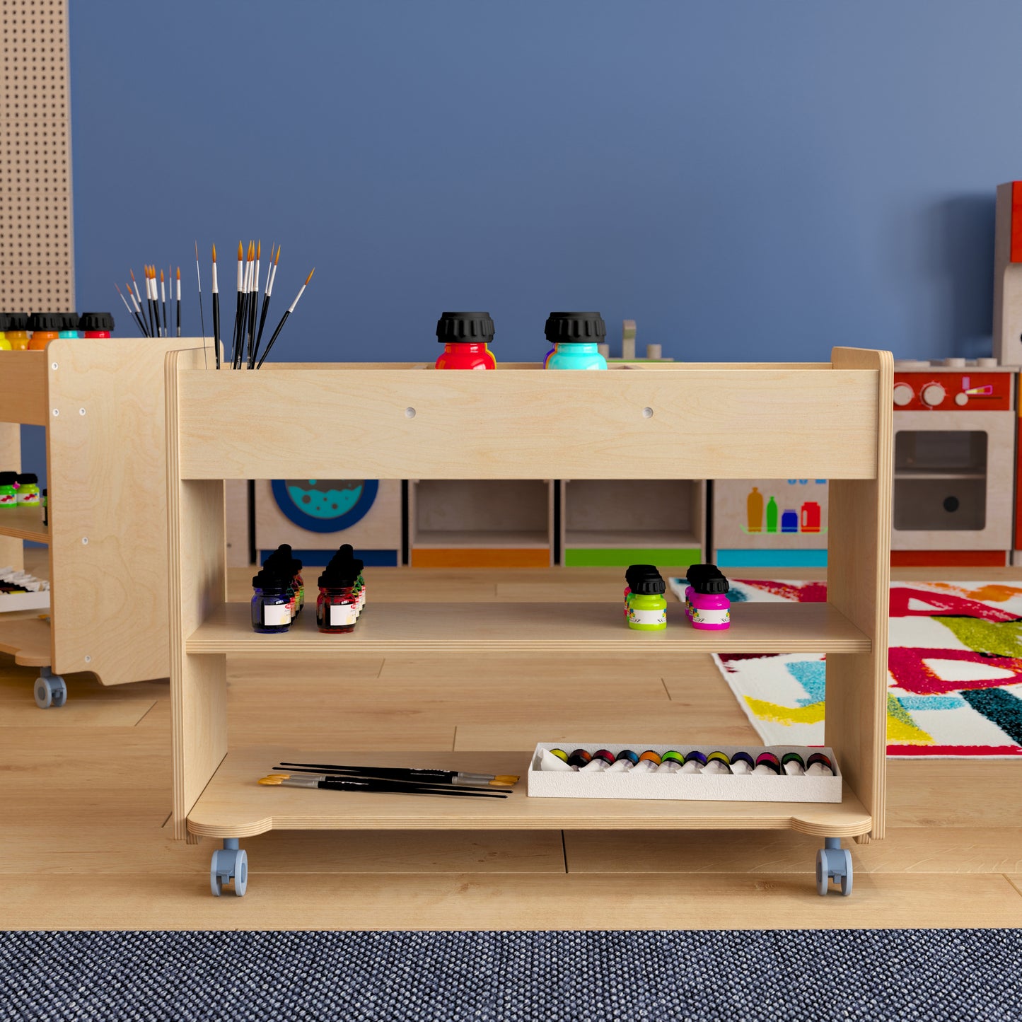 Bright Beginnings Commercial Wooden Mobile Storage Cart with 3 Top Storage Cubbies, 2 Lower Shelves and Locking Caster Wheels, Natural Beech