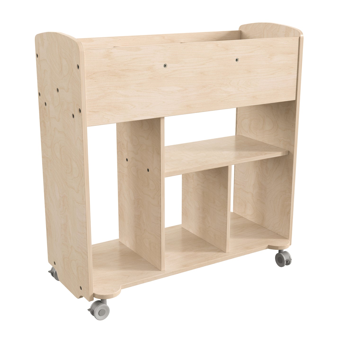 Bright Beginnings Commercial Grade Double Sided Space Saving Wooden Mobile Storage Cart with Locking Caster Wheels & 10 Storage Compartments, Natural Beech