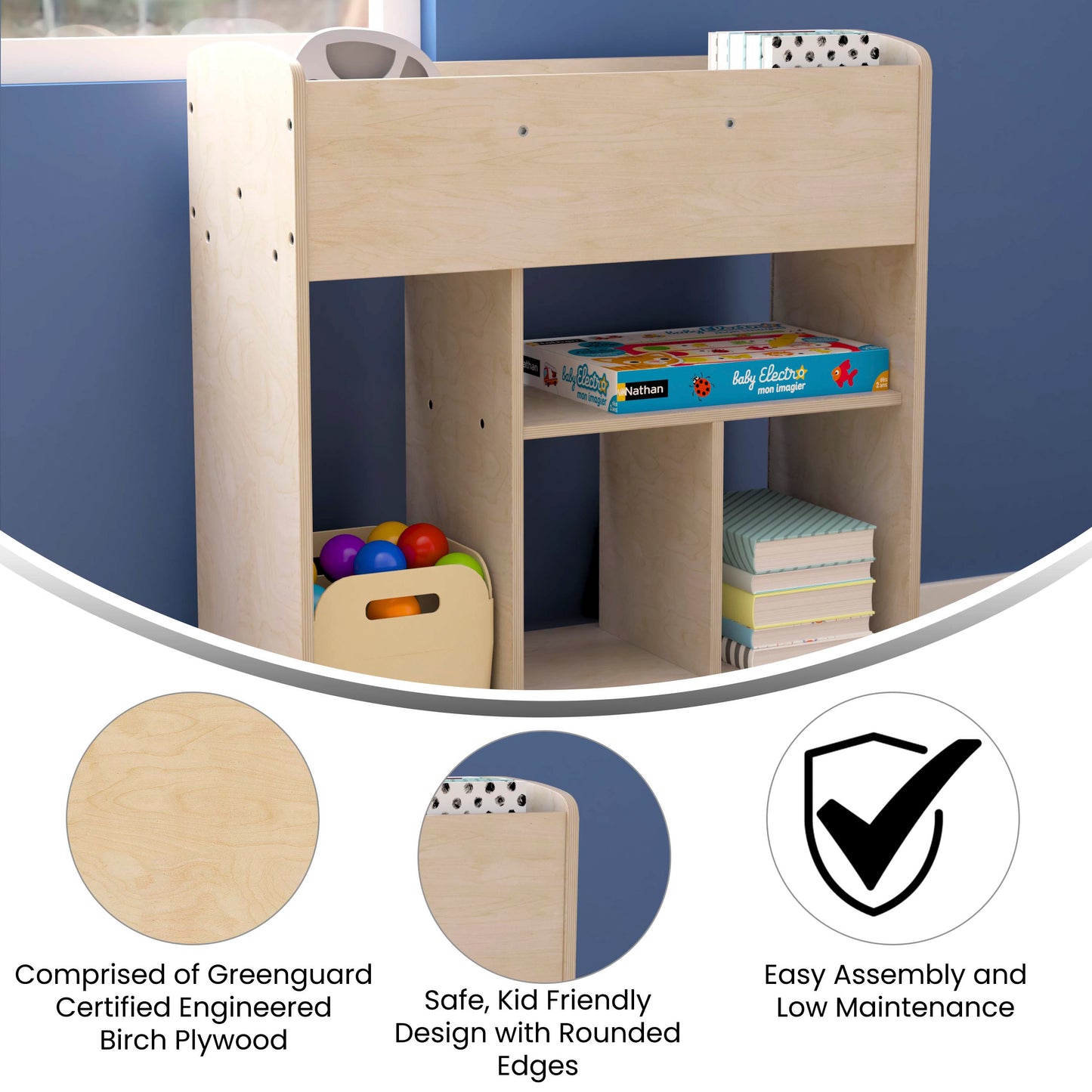 Bright Beginnings Commercial Grade Double Sided Space Saving Wooden Mobile Storage Cart with Locking Caster Wheels & 10 Storage Compartments, Natural Beech