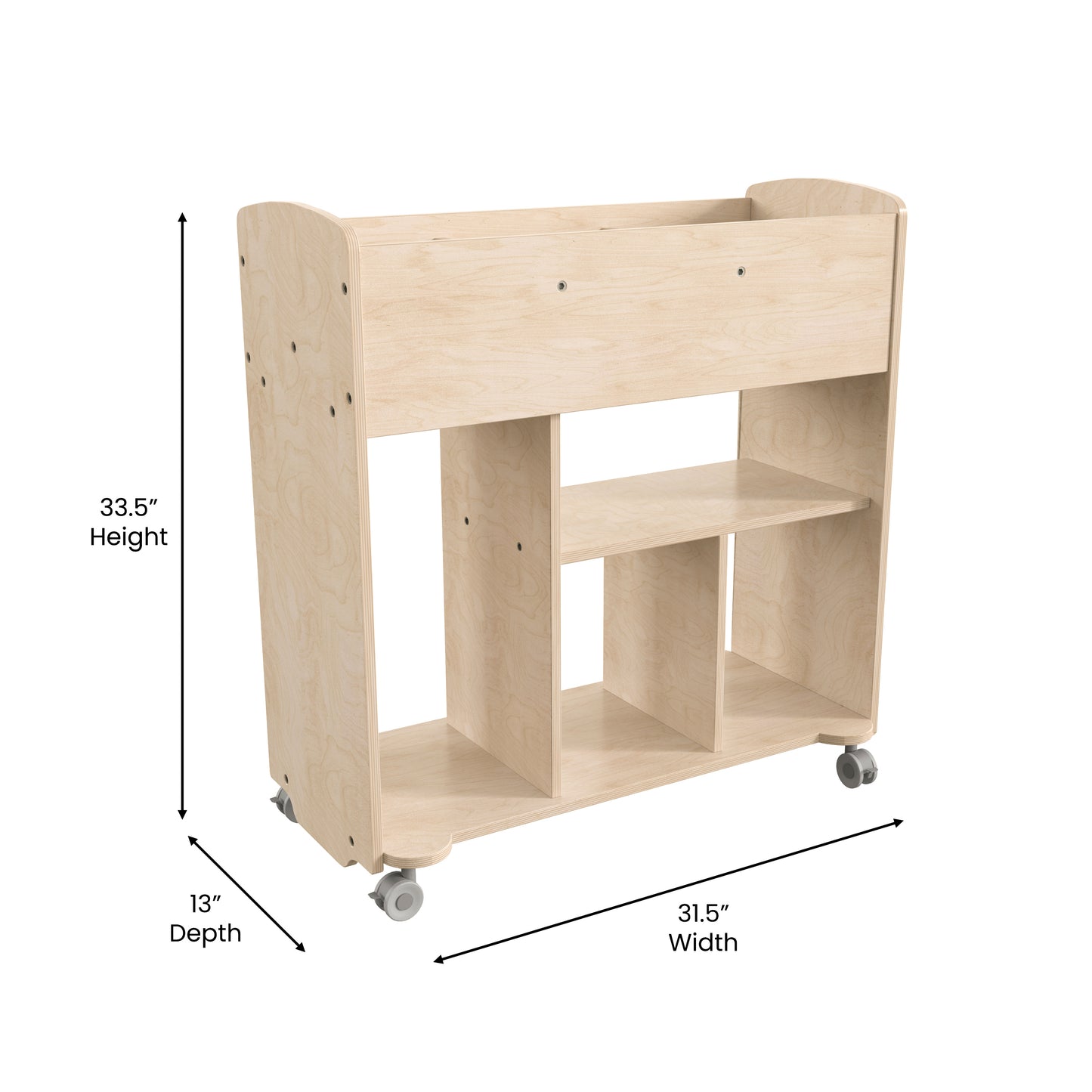Bright Beginnings Commercial Grade Double Sided Space Saving Wooden Mobile Storage Cart with Locking Caster Wheels & 10 Storage Compartments, Natural Beech