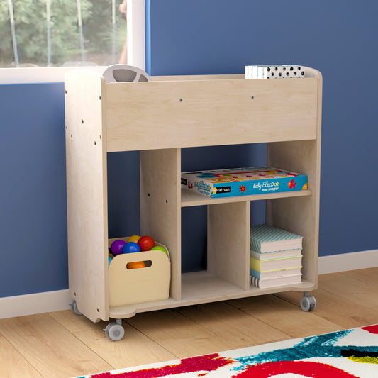 Bright Beginnings Commercial Grade Double Sided Space Saving Wooden Mobile Storage Cart with Locking Caster Wheels & 10 Storage Compartments, Natural Beech