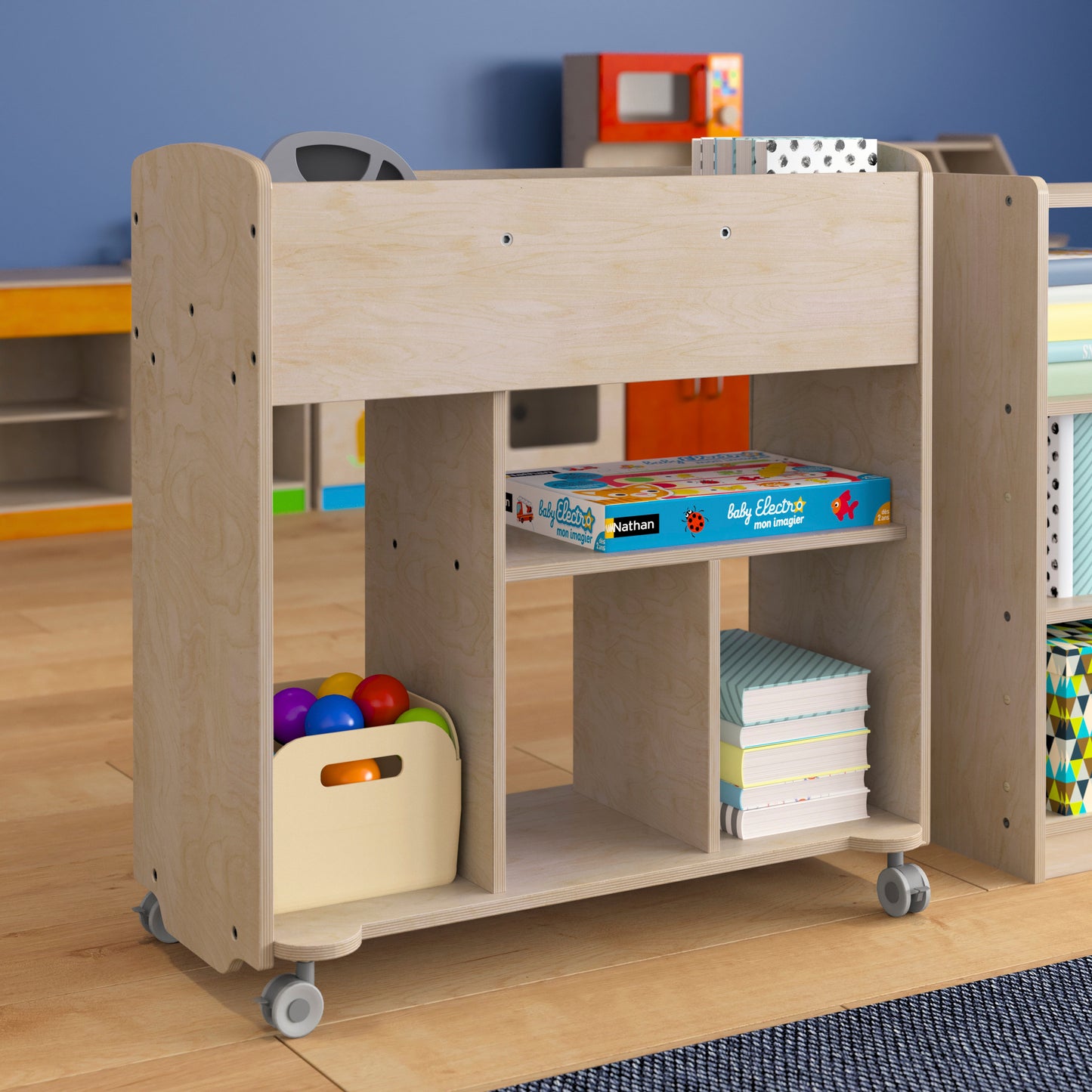 Bright Beginnings Commercial Grade Double Sided Space Saving Wooden Mobile Storage Cart with Locking Caster Wheels & 10 Storage Compartments, Natural Beech