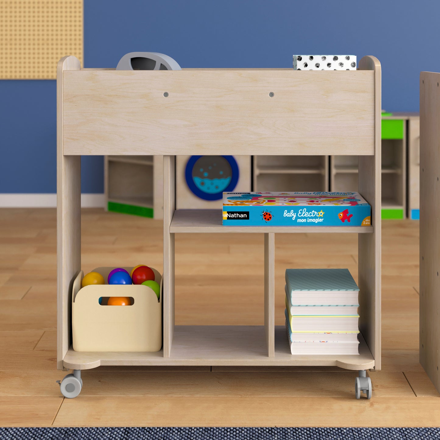Bright Beginnings Commercial Grade Double Sided Space Saving Wooden Mobile Storage Cart with Locking Caster Wheels & 10 Storage Compartments, Natural Beech