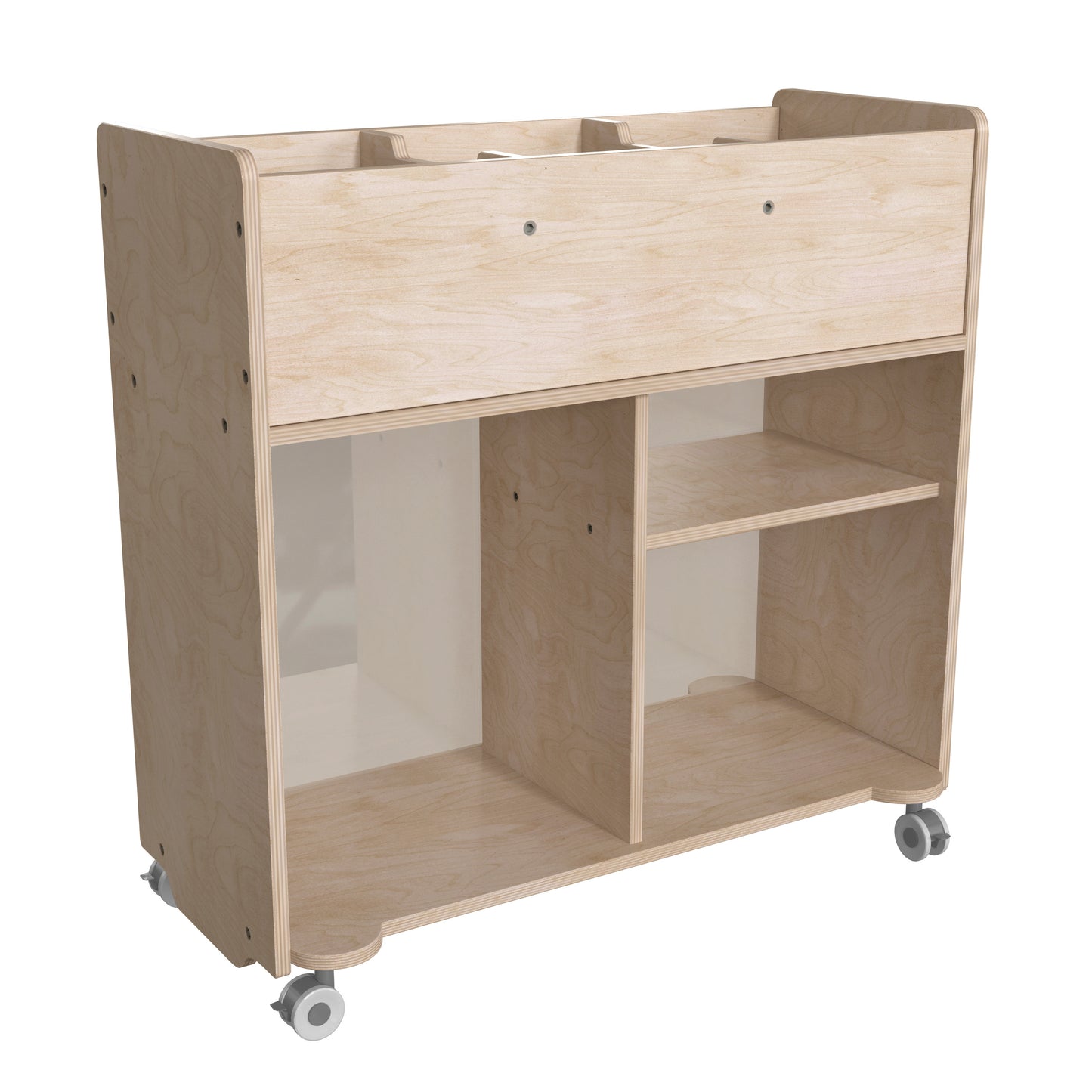 Bright Beginnings Commercial Double Sided Space Saving Wooden Mobile Storage Cart with Clear Back, Locking Casters and 6 Storage Compartments, Natural Beech