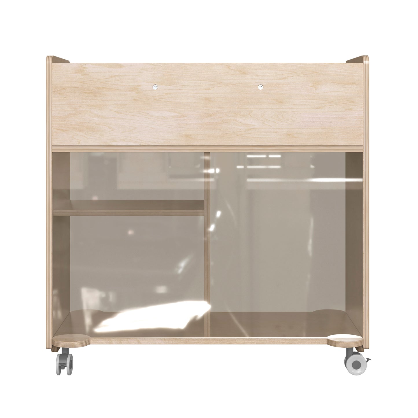 Bright Beginnings Commercial Double Sided Space Saving Wooden Mobile Storage Cart with Clear Back, Locking Casters and 6 Storage Compartments, Natural Beech