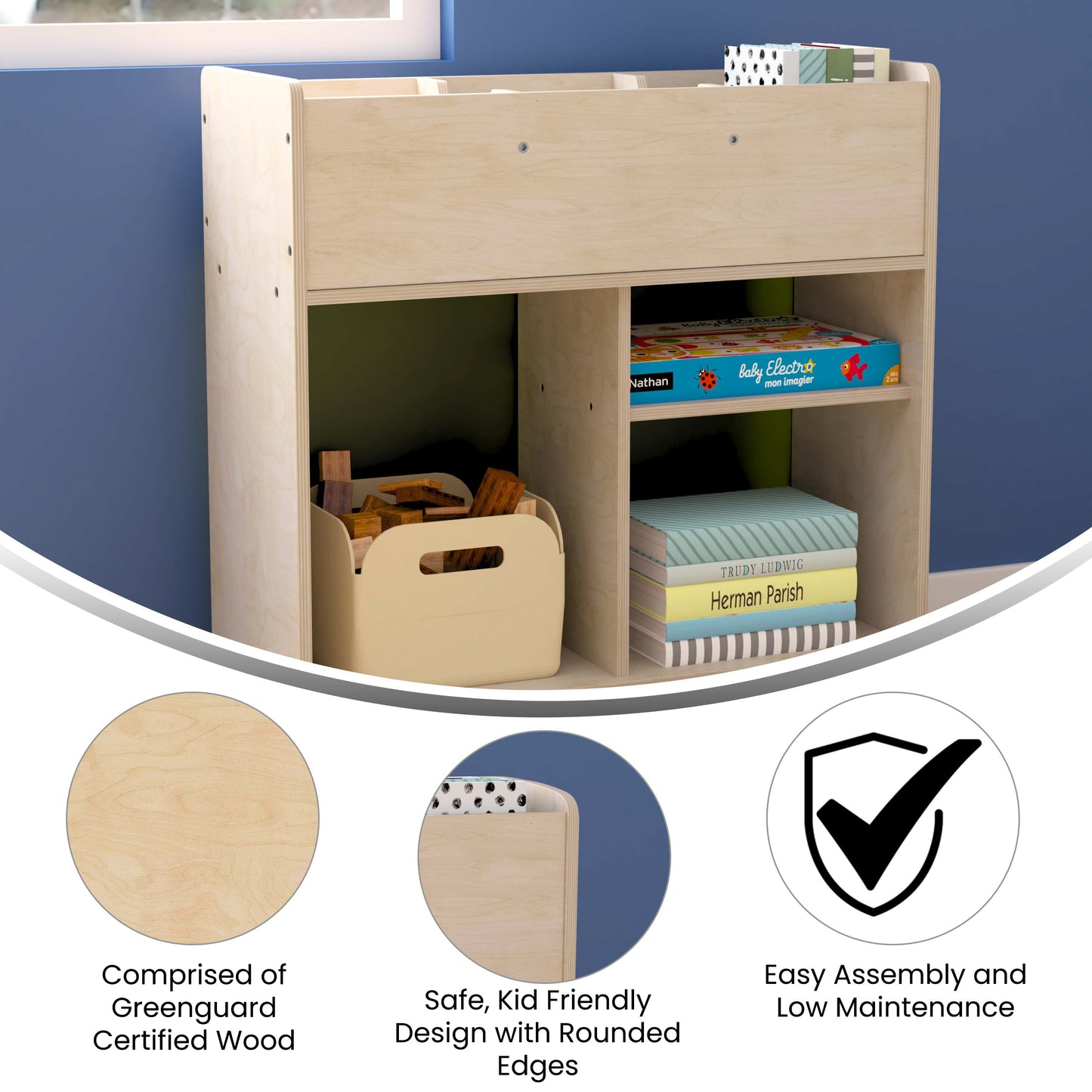 Bright Beginnings Commercial Double Sided Space Saving Wooden Mobile Storage Cart with Clear Back, Locking Casters and 6 Storage Compartments, Natural Beech