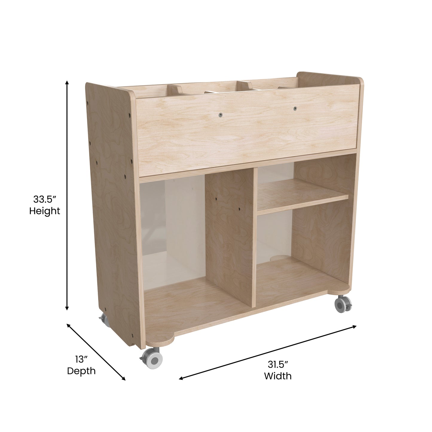 Bright Beginnings Commercial Double Sided Space Saving Wooden Mobile Storage Cart with Clear Back, Locking Casters and 6 Storage Compartments, Natural Beech