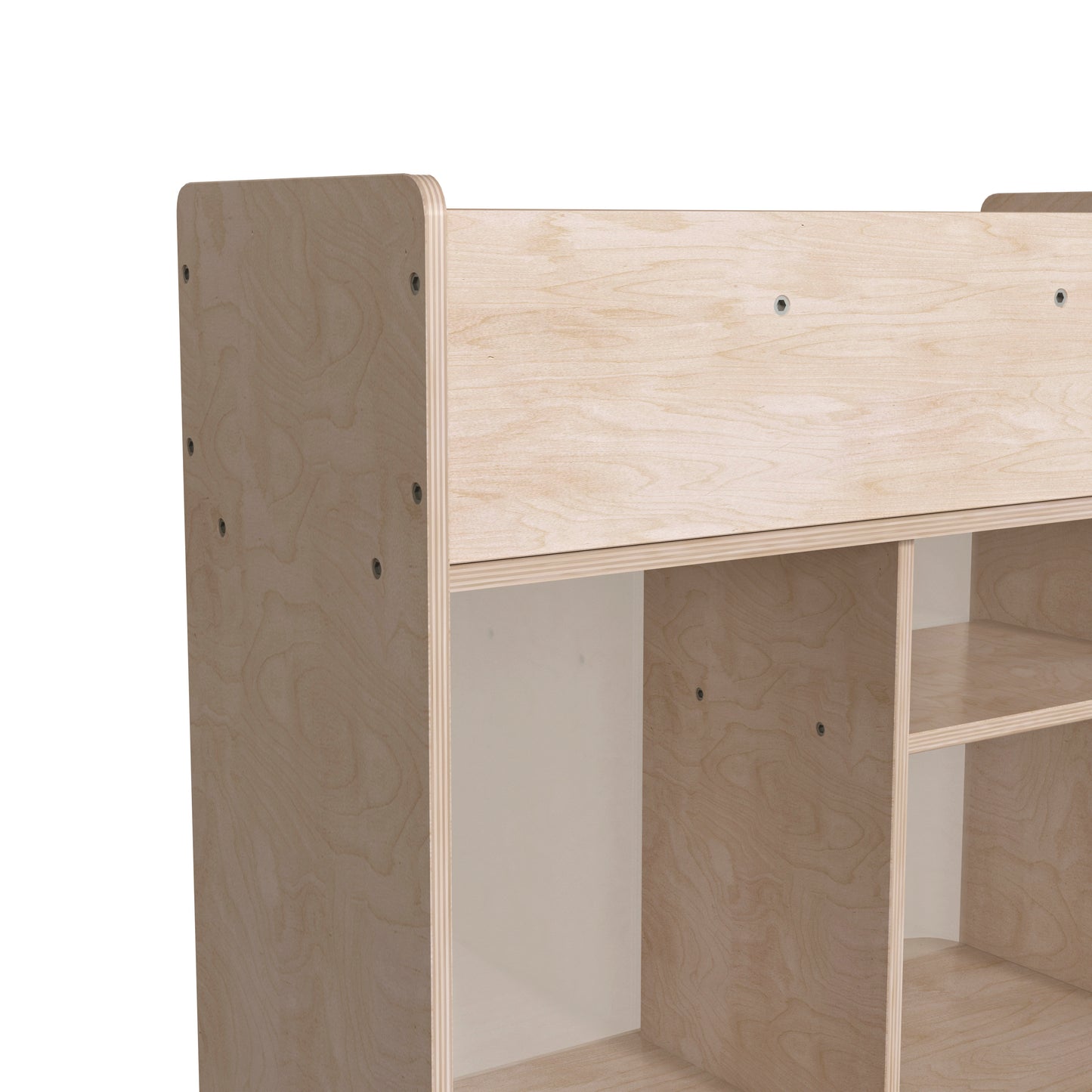 Bright Beginnings Commercial Double Sided Space Saving Wooden Mobile Storage Cart with Clear Back, Locking Casters and 6 Storage Compartments, Natural Beech