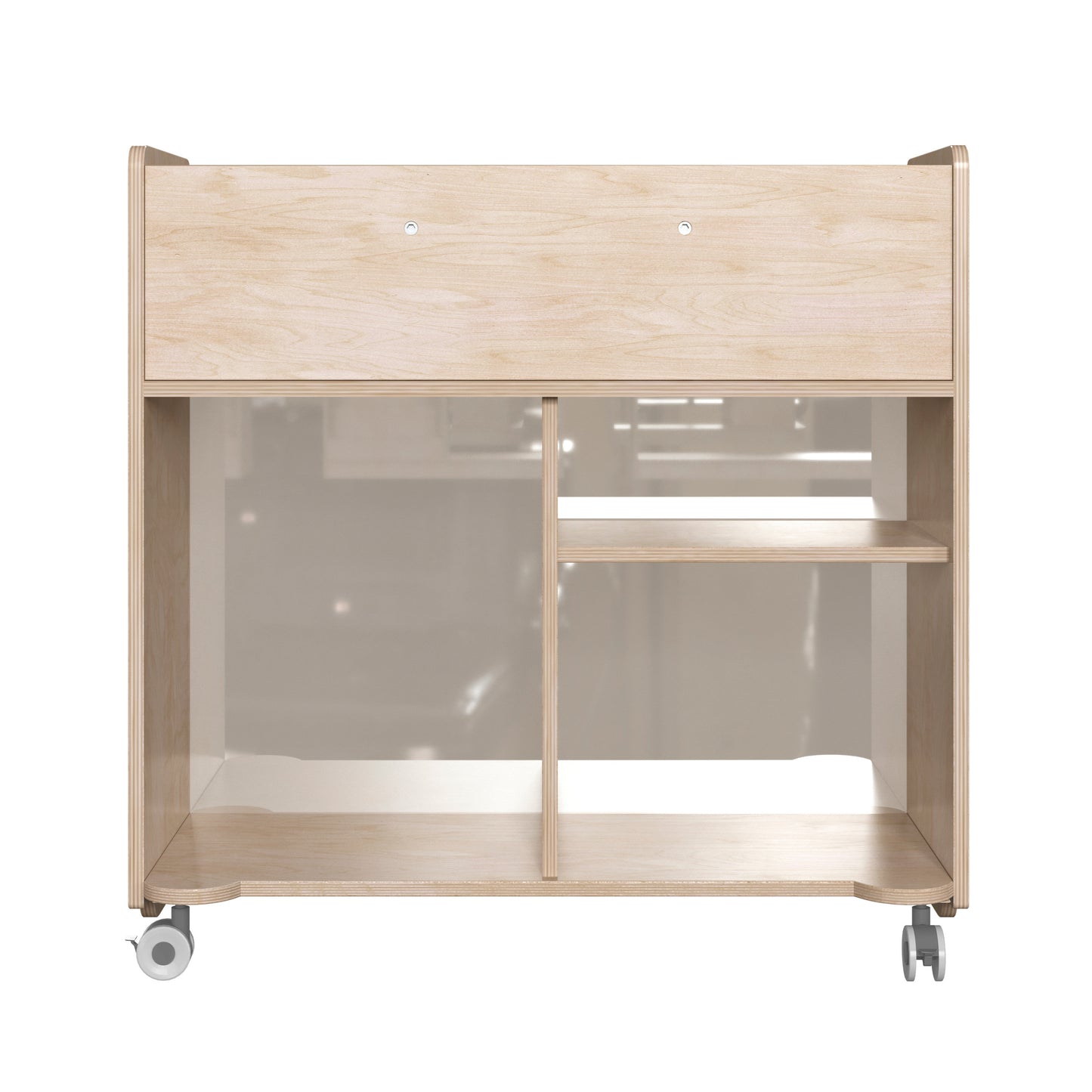Bright Beginnings Commercial Double Sided Space Saving Wooden Mobile Storage Cart with Clear Back, Locking Casters and 6 Storage Compartments, Natural Beech