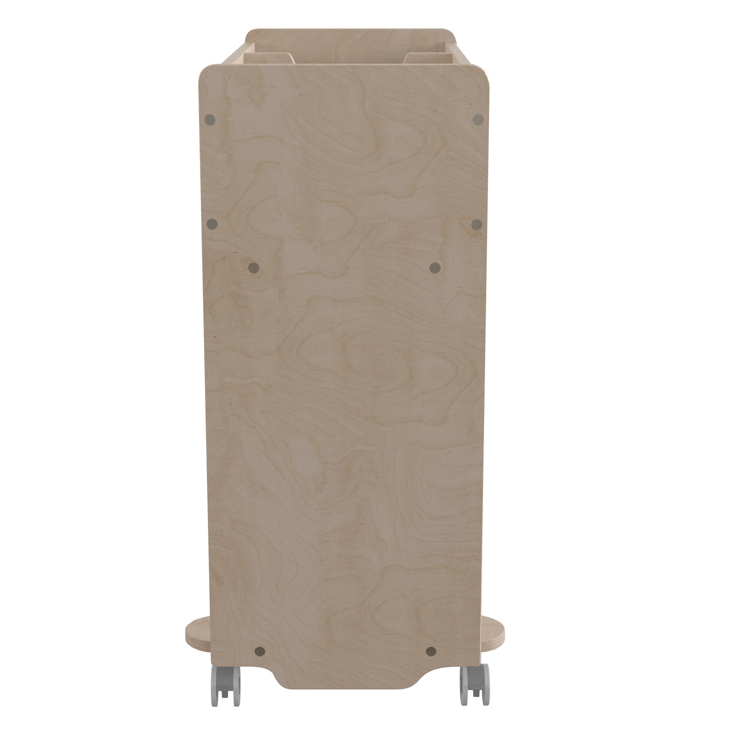 Bright Beginnings Commercial Double Sided Space Saving Wooden Mobile Storage Cart with Clear Back, Locking Casters and 6 Storage Compartments, Natural Beech