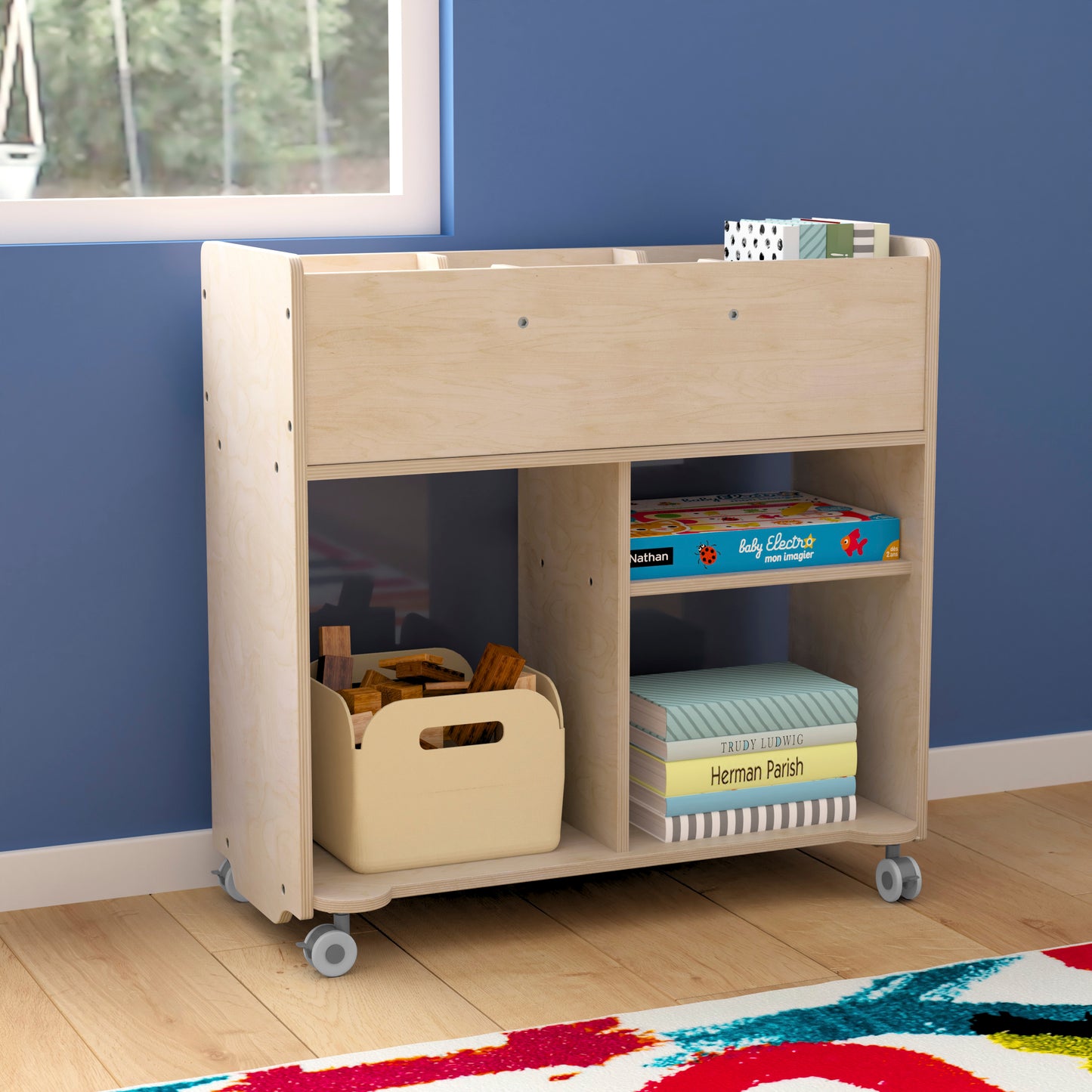 Bright Beginnings Commercial Double Sided Space Saving Wooden Mobile Storage Cart with Clear Back, Locking Casters and 6 Storage Compartments, Natural Beech
