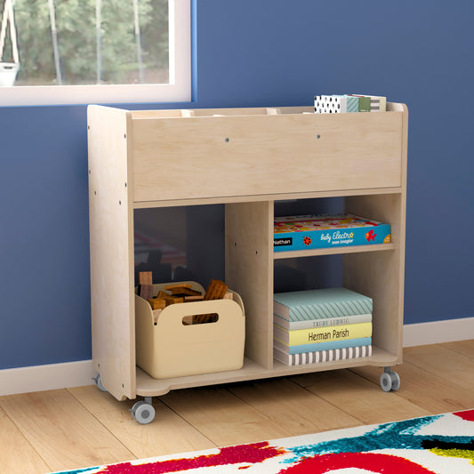 Bright Beginnings Commercial Double Sided Space Saving Wooden Mobile Storage Cart with Clear Back, Locking Casters and 6 Storage Compartments, Natural Beech