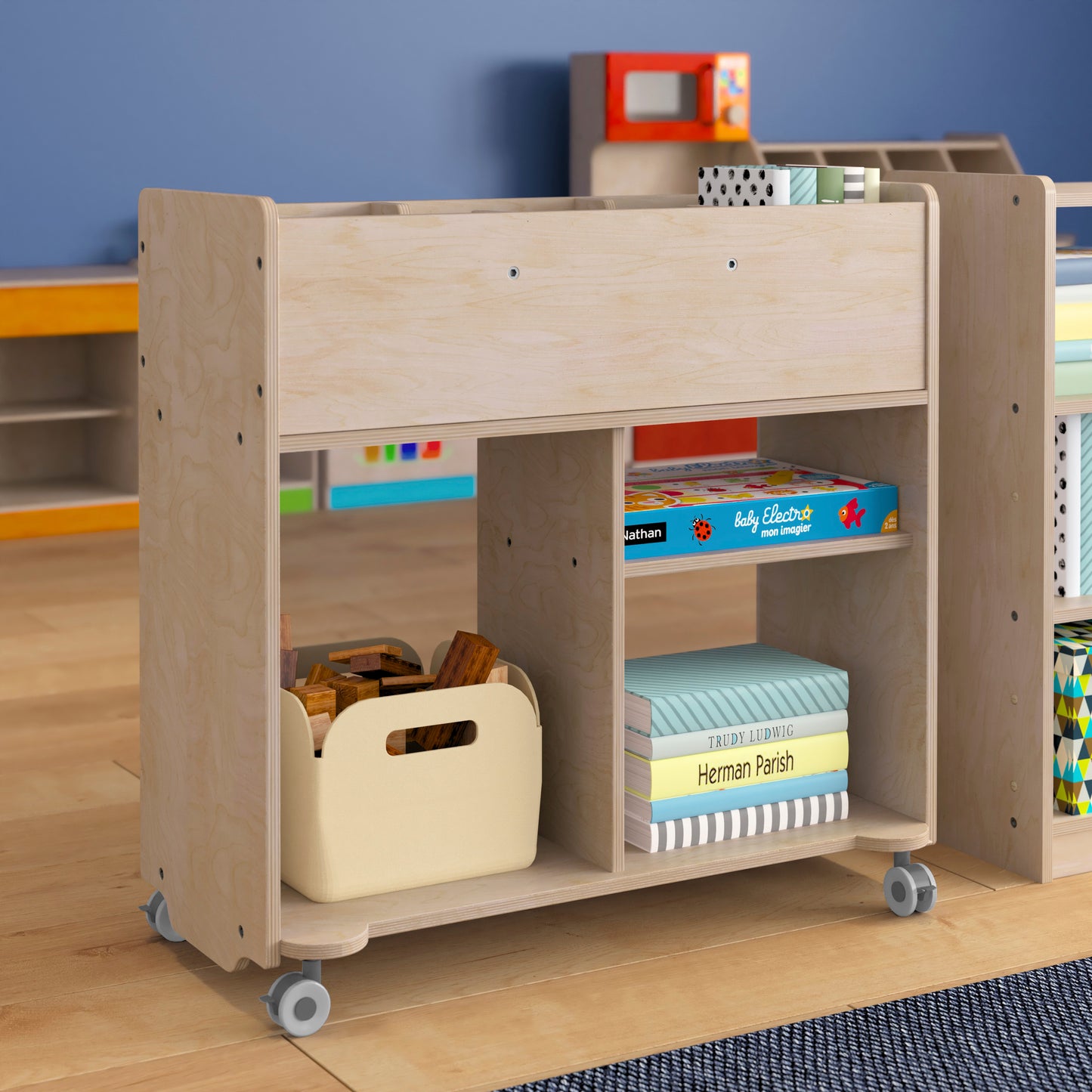 Bright Beginnings Commercial Double Sided Space Saving Wooden Mobile Storage Cart with Clear Back, Locking Casters and 6 Storage Compartments, Natural Beech