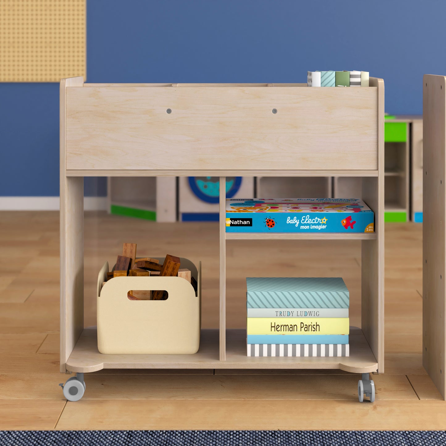 Bright Beginnings Commercial Double Sided Space Saving Wooden Mobile Storage Cart with Clear Back, Locking Casters and 6 Storage Compartments, Natural Beech