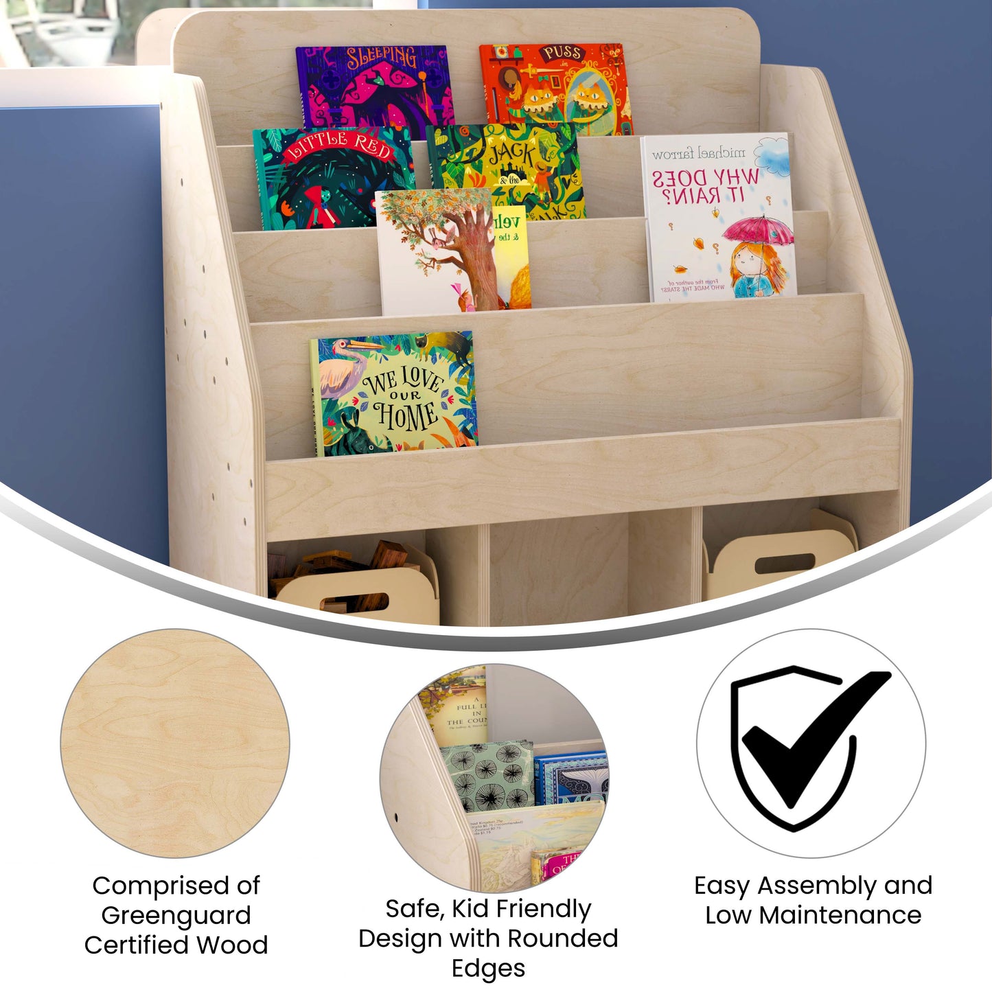 Bright Beginnings Commercial Grade Modular Wooden Classroom 4 Tier Bookstand with 3 Storage Compartments, Natural Beech