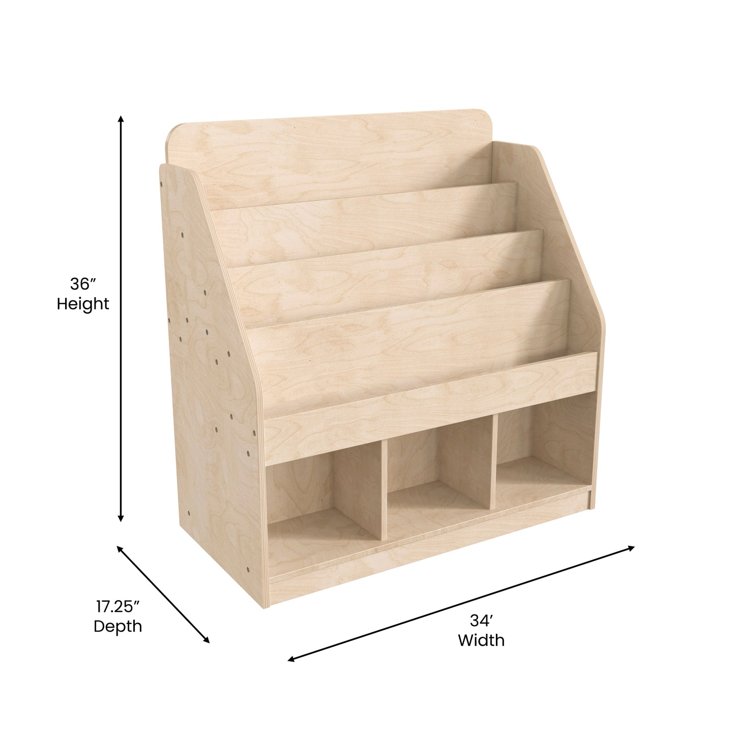 Bright Beginnings Commercial Grade Modular Wooden Classroom 4 Tier Bookstand with 3 Storage Compartments, Natural Beech