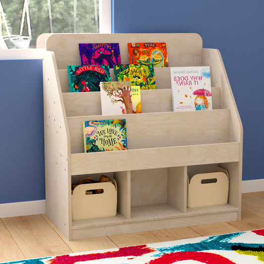 Bright Beginnings Commercial Grade Modular Wooden Classroom 4 Tier Bookstand with 3 Storage Compartments, Natural Beech