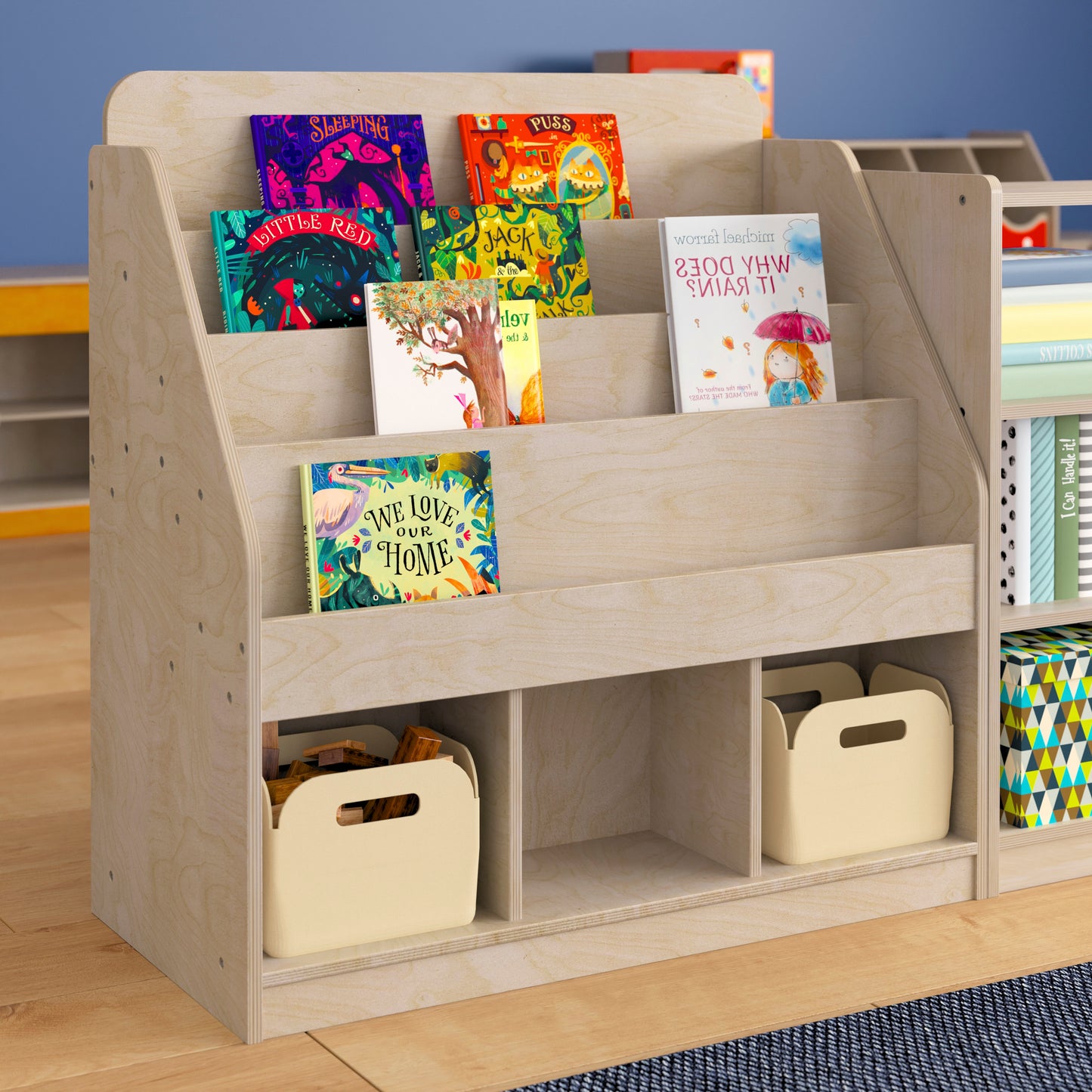 Bright Beginnings Commercial Grade Modular Wooden Classroom 4 Tier Bookstand with 3 Storage Compartments, Natural Beech