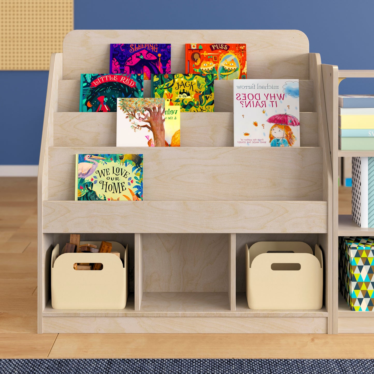 Bright Beginnings Commercial Grade Modular Wooden Classroom 4 Tier Bookstand with 3 Storage Compartments, Natural Beech