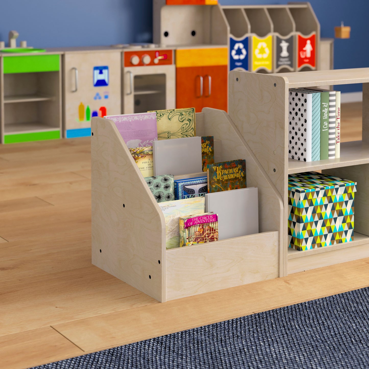 Bright Beginnings Commercial Grade Modular Wooden Classroom 4 Tier Book Display Shelf, Natural Beech