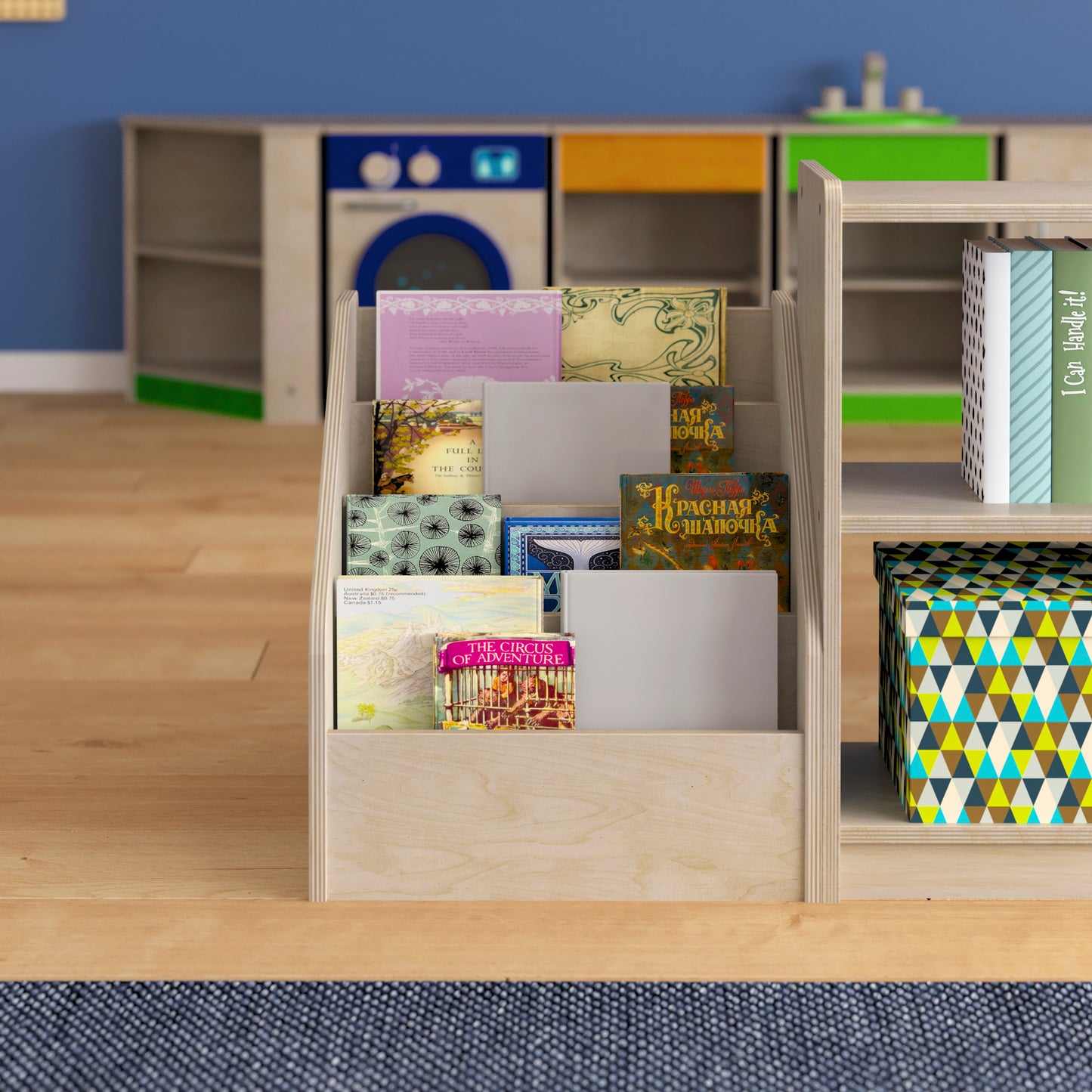 Bright Beginnings Commercial Grade Modular Wooden Classroom 4 Tier Book Display Shelf, Natural Beech