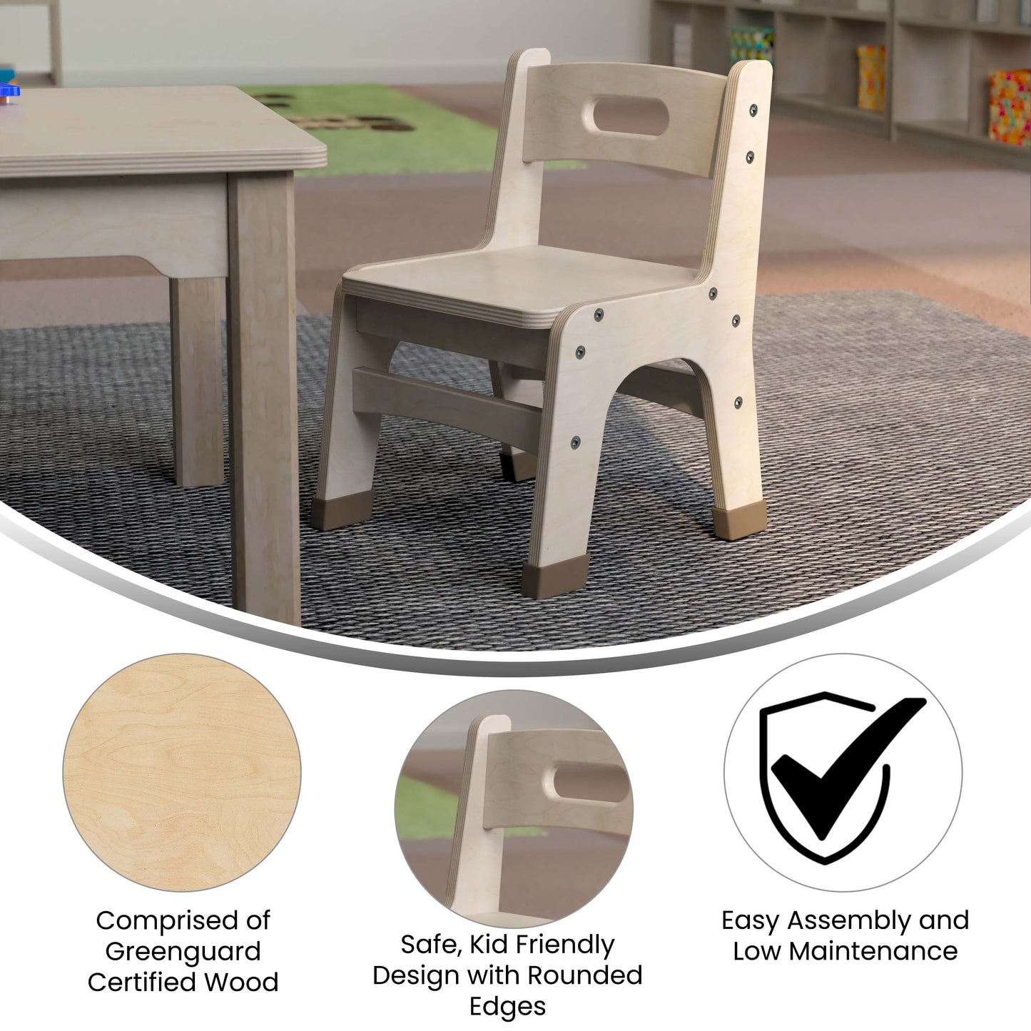 Bright Beginnings Set of 2 Commercial Grade Wooden Classroom Chairs, 9" Seat Height with Non-Slip Foot Caps and Built-In Carrying Handle, Natural Beech